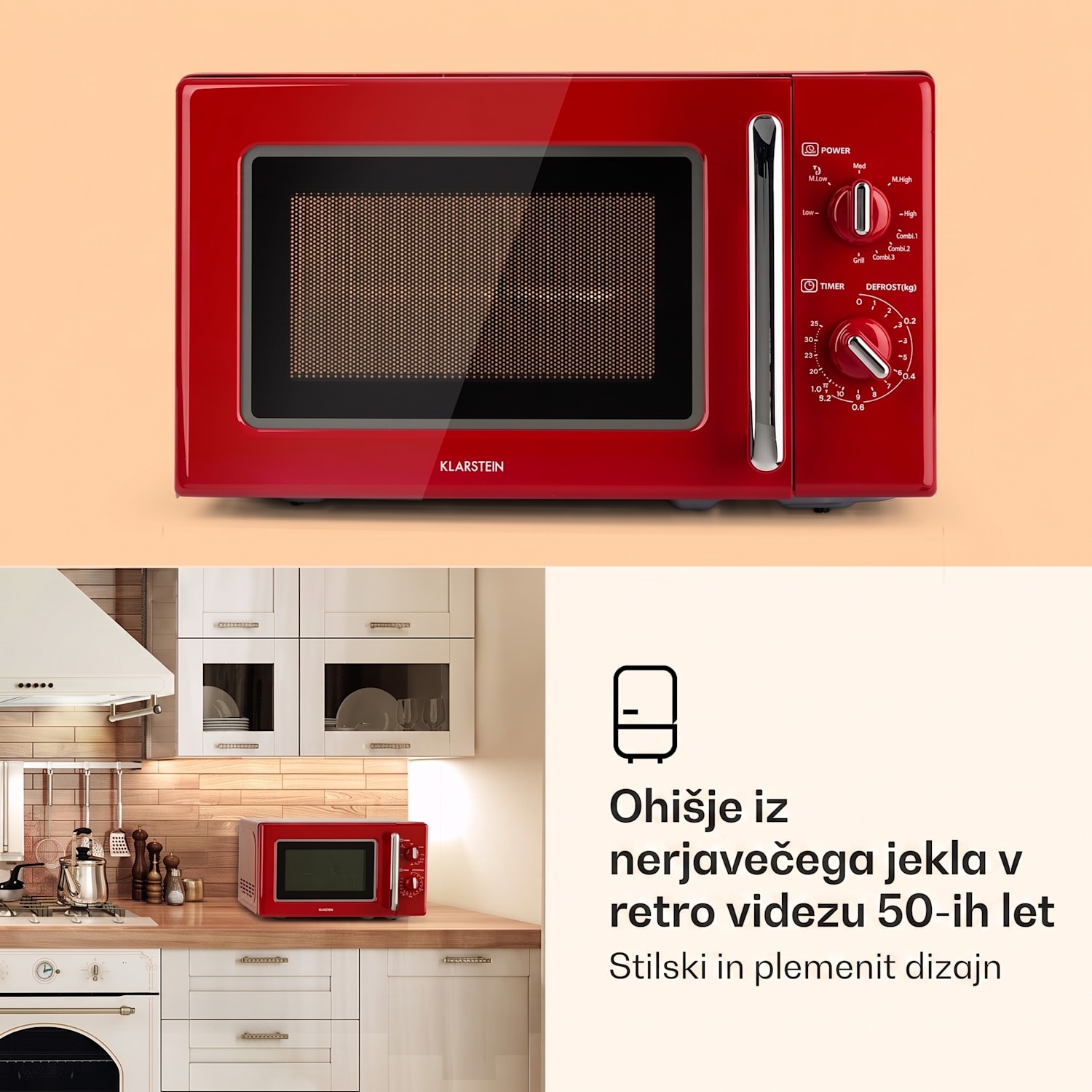 Caroline Mikrovalovna pečica, 20l 700 / 1000 W Ø25,5cm QuickSelect Retro rdeča barva Rdeča