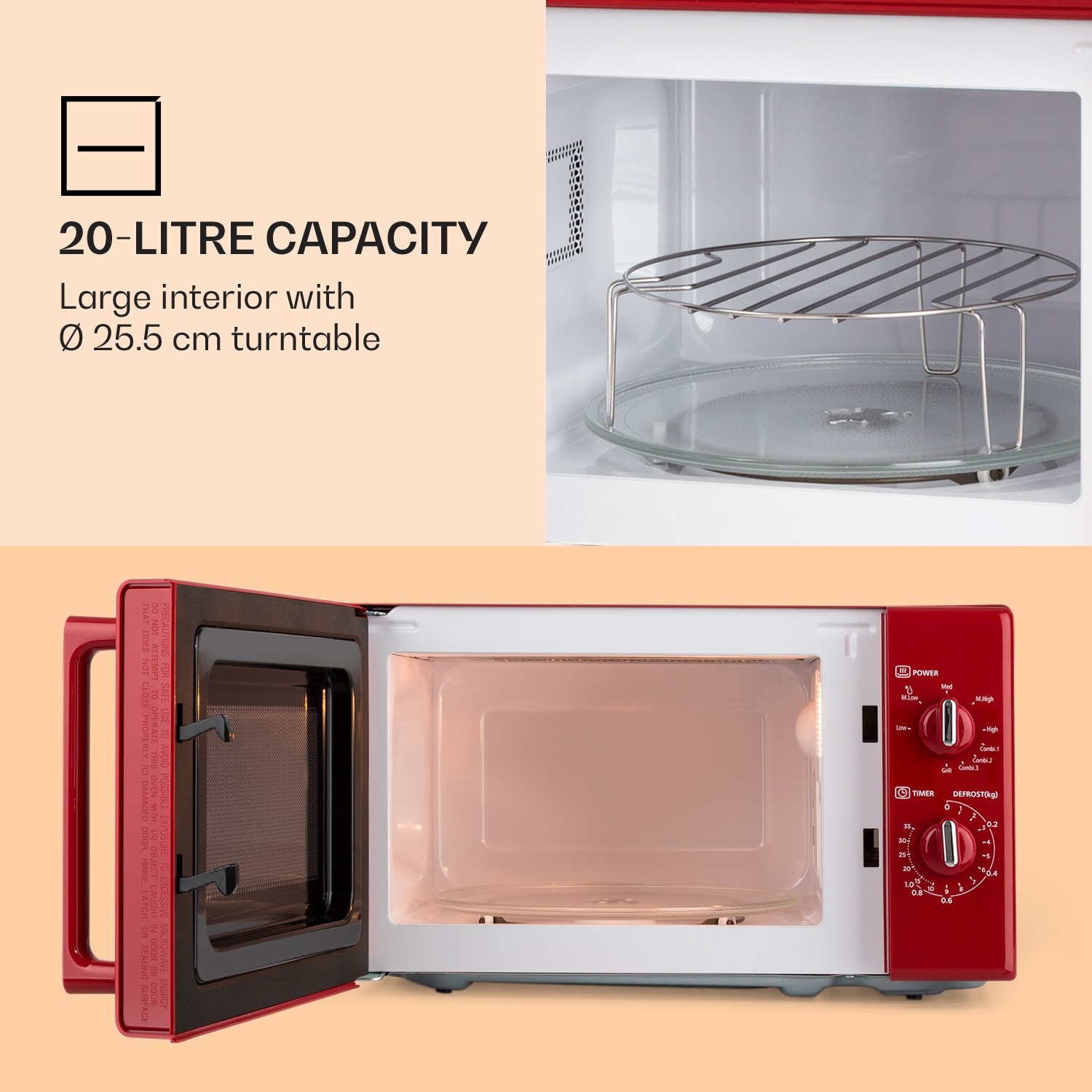 Caroline, mikrovlnná rúra, 20 l, 700/1000 W, Ø 25,5 cm, QuickSelect, retro, červená Červená