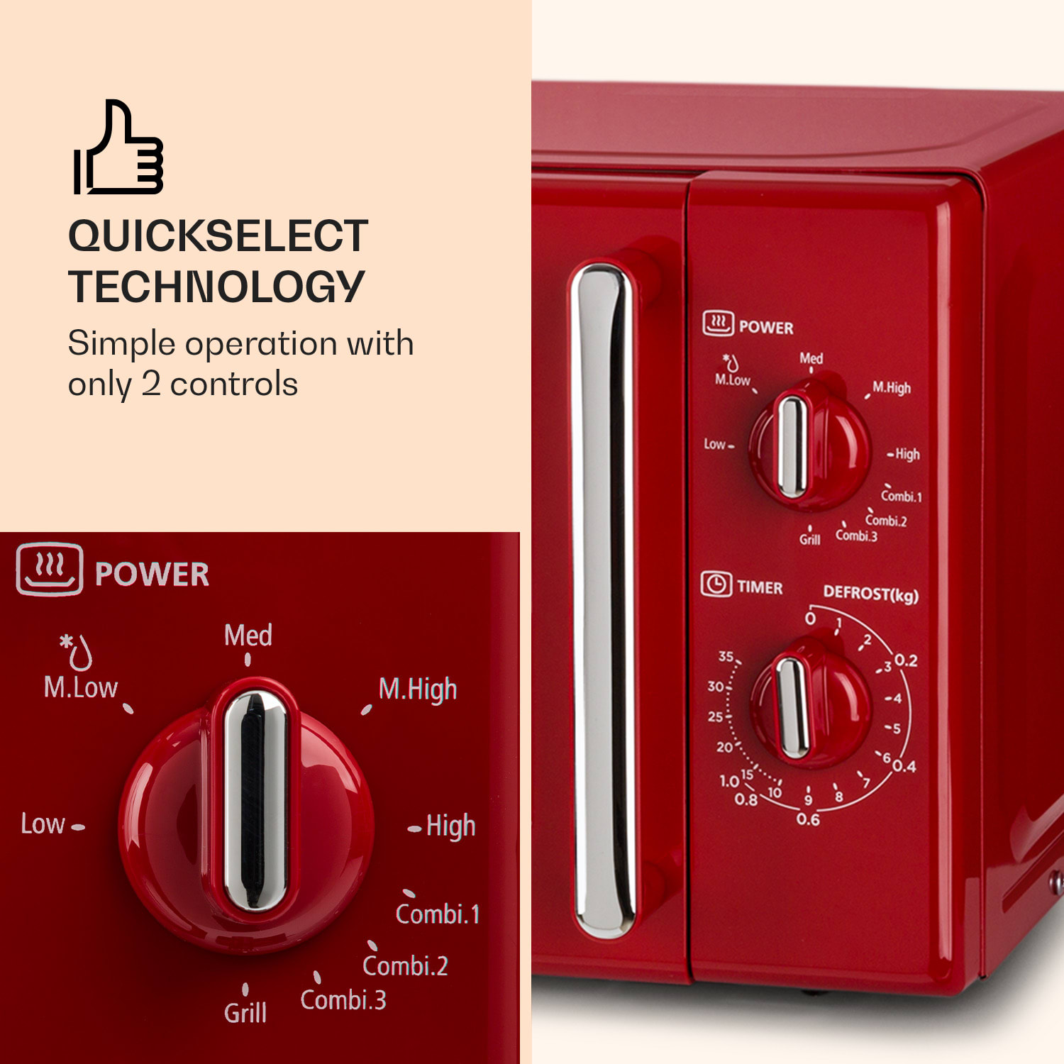 Caroline microwave grill | 20 litres | 700 W microwave / 1000 W grill | turntable Ø 25.5 cm | QuickSelect | retro design Red