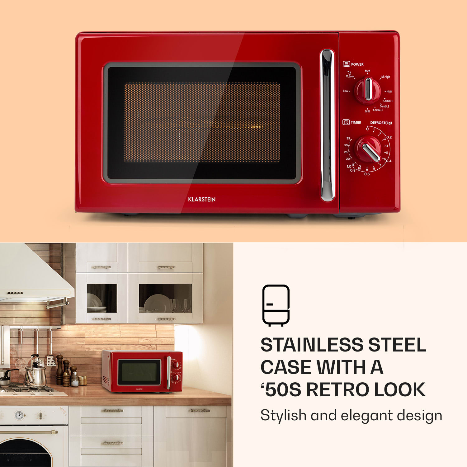 Caroline, mikrovlnná trouba, 20 l, 700/1000 W, Ø 25.5 cm, QuickSelect, retro, červená Červená