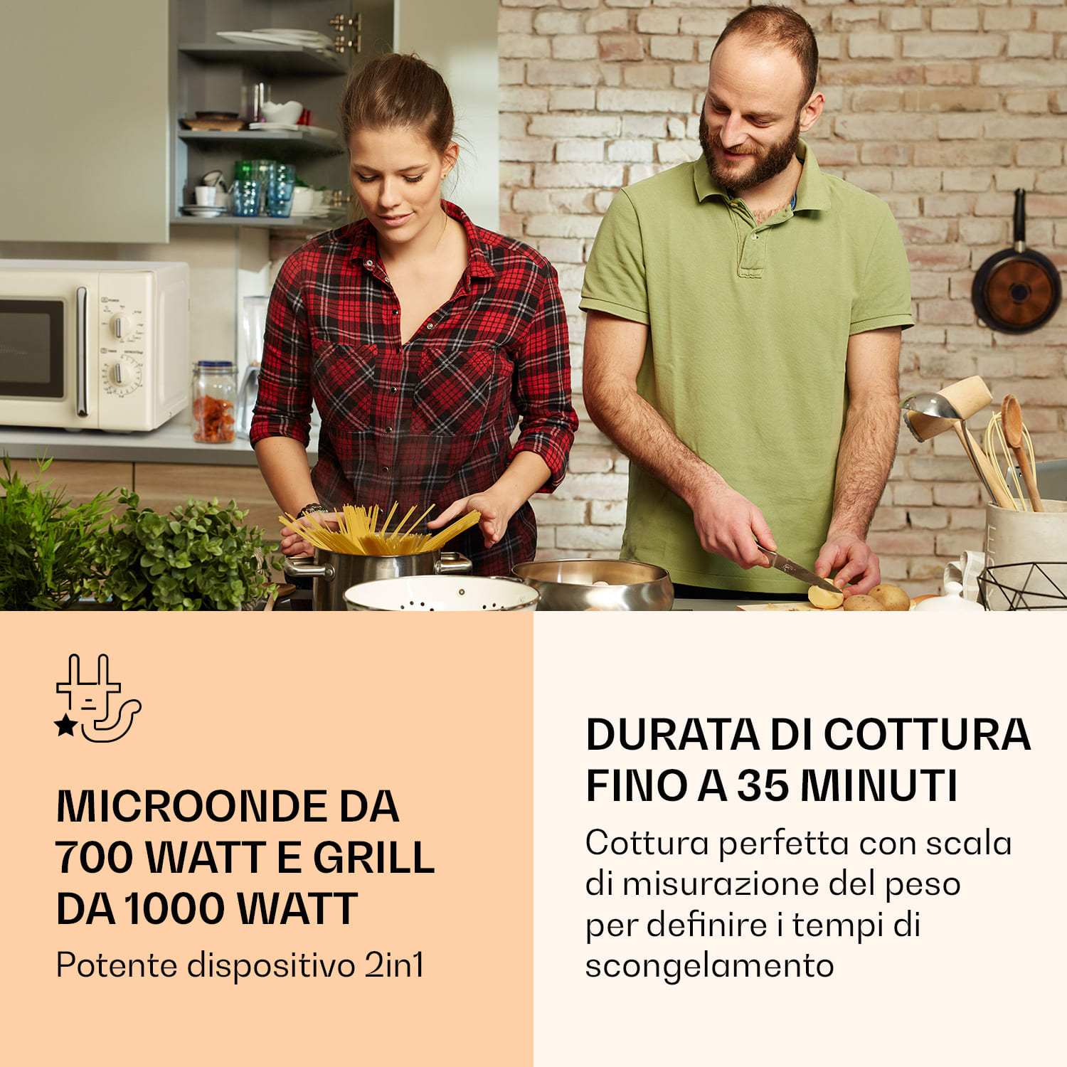 Caroline Microonde con grill | 20 litri | Microonde: 700 W/Grill: 1000 W | Piatto rotante Ø 25,5cm | QuickSelect | Design rétro Crema vintage