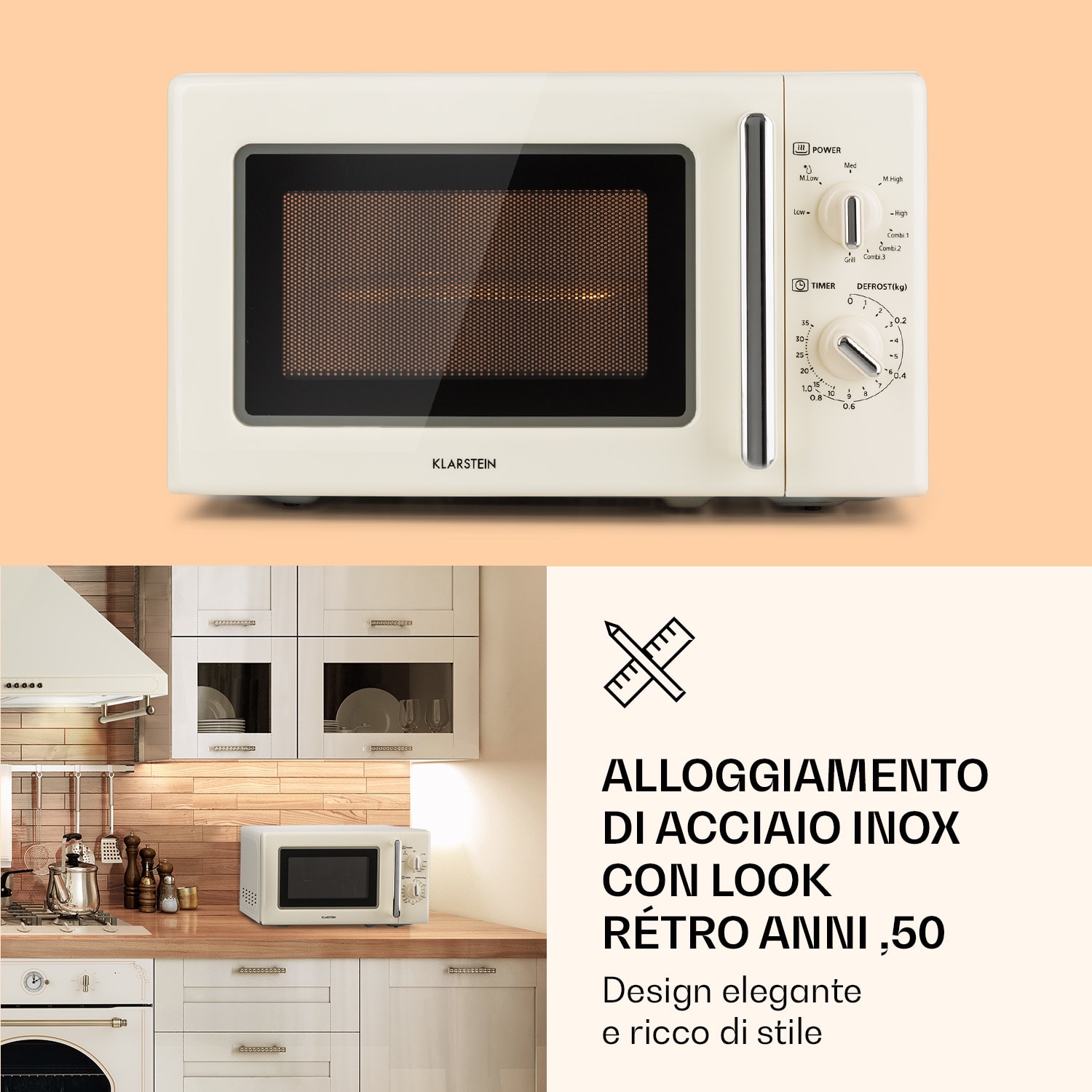 Caroline Microonde con grill | 20 litri | Microonde: 700 W/Grill: 1000 W | Piatto rotante Ø 25,5cm | QuickSelect | Design rétro Crema vintage