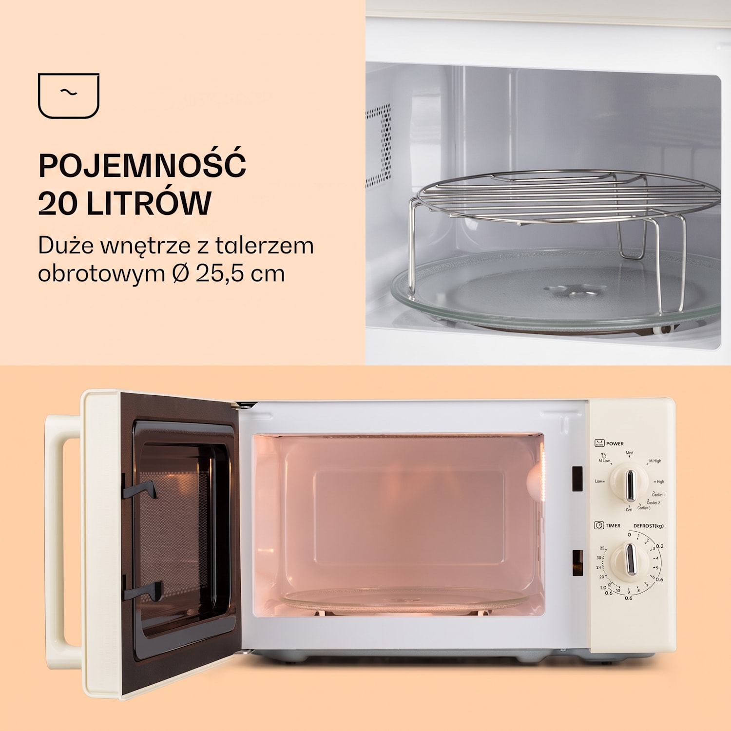 Caroline, kuchenka mikrofalowa, 20 l, 700/1000 W, Ø 25,6 cm, QuickSelect, retro, kremowa Vintage Krem