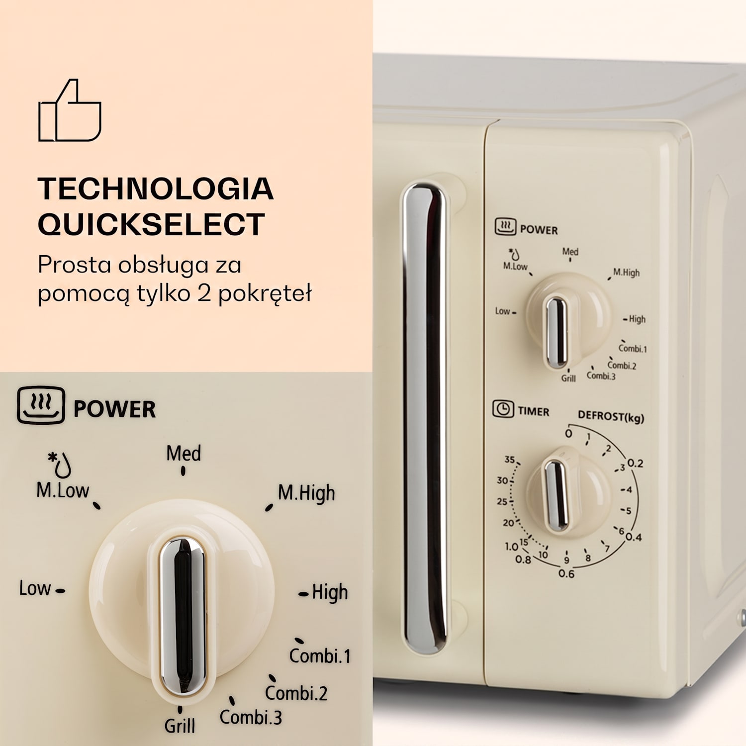 Caroline, kuchenka mikrofalowa, 20 l, 700/1000 W, Ø 25,6 cm, QuickSelect, retro, kremowa Vintage Krem