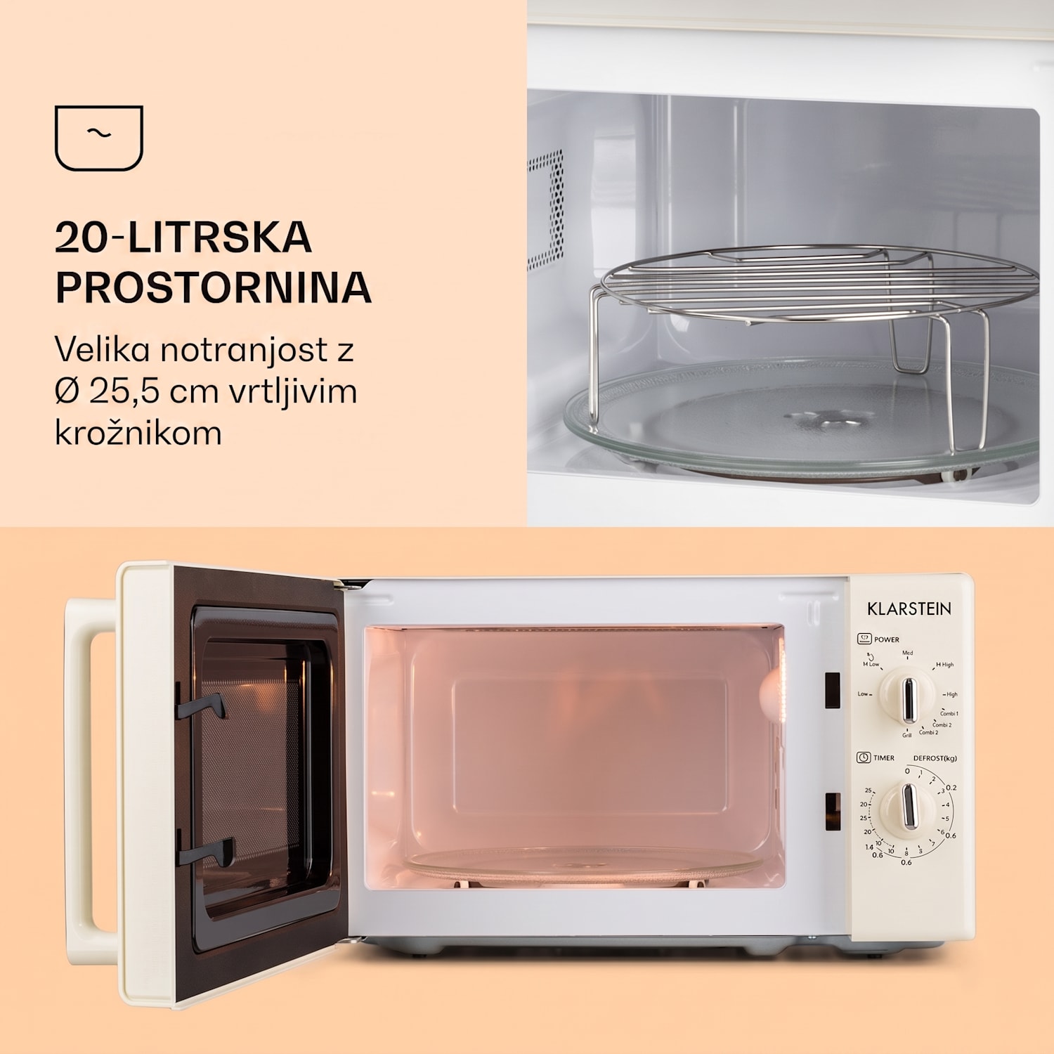 Caroline Mikrovalovna pečica, 20l 700 / 1000 W Ø25,5cm QuickSelect Retro kremasta barva Vintage kremna