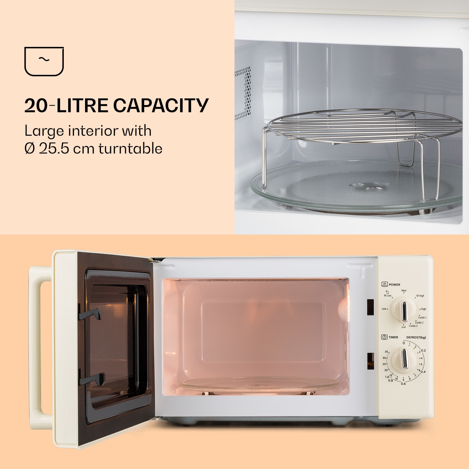 Caroline microwave grill | 20 litres | 700 W microwave / 1000 W grill | turntable Ø 25.5 cm | QuickSelect | retro design Vintage Cream