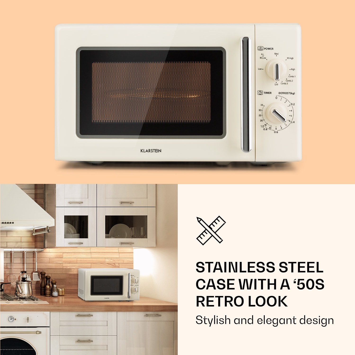 Caroline microwave grill | 20 litres | 700 W microwave / 1000 W grill | turntable Ø 25.5 cm | QuickSelect | retro design Vintage Cream