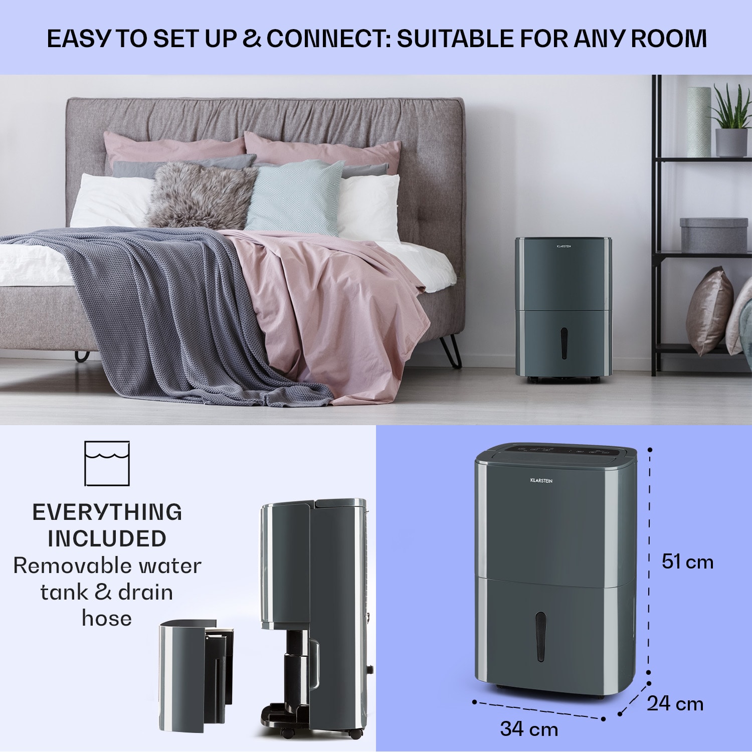 DryFy20 Odvlhčovač vzduchu 400W 20l/d 230m³/h 40-50m² DrySelect 45dB Grey 20L/24h | Antracit