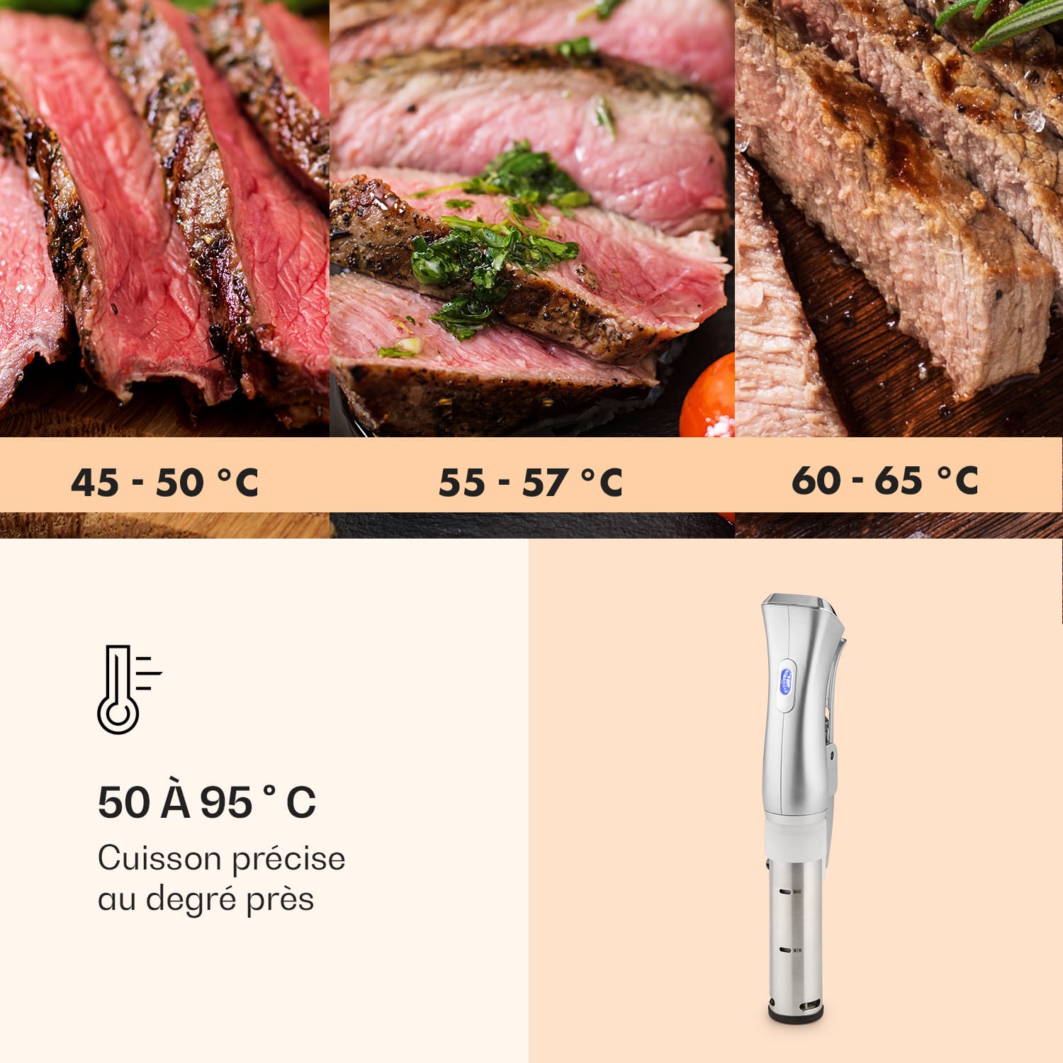 Cuiseur sous vide Quickstick | Thermostat : 50-95 °C par intervalles de 0,5 °C | Pompe de circulation pour 20 L | Acier inoxydable Argent Métallisé