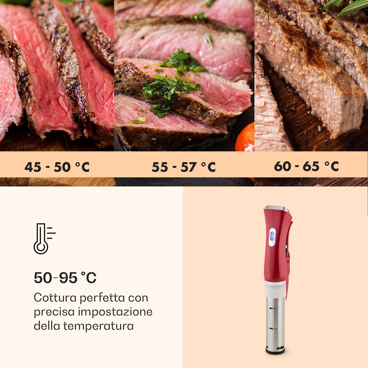 Quickstick Circolatore per cottura sous vide | Termostato: 50-95 °C in intervalli di 0,5 °C | Pompa di circolazione per 20 L | Acciaio inox Rosso