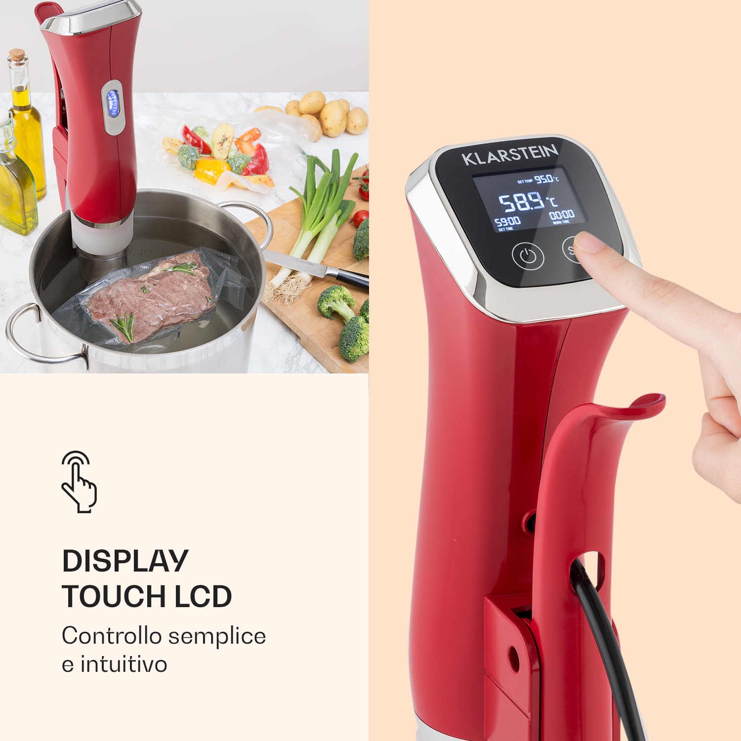 Quickstick Circolatore per cottura sous vide | Termostato: 50-95 °C in intervalli di 0,5 °C | Pompa di circolazione per 20 L | Acciaio inox Rosso