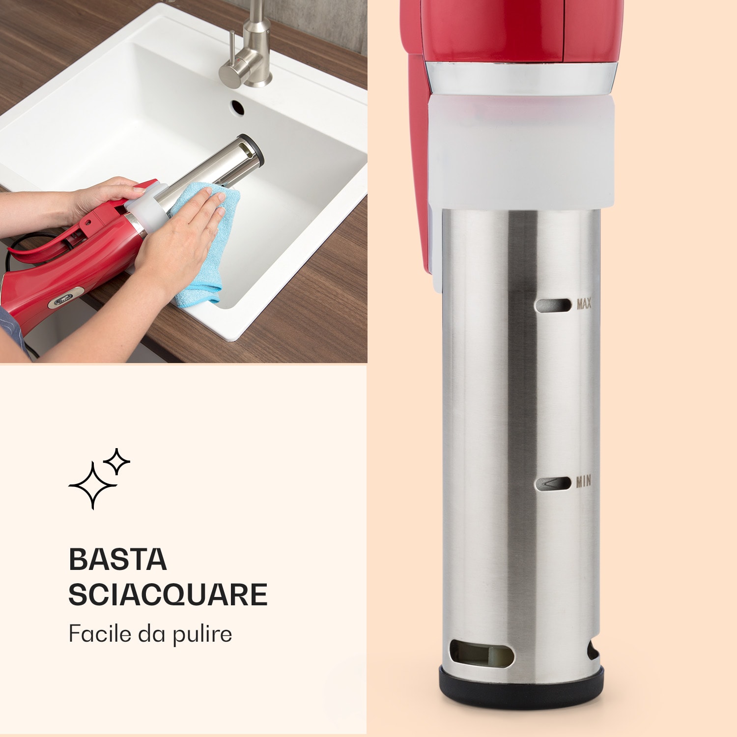 Quickstick Circolatore per cottura sous vide | Termostato: 50-95 °C in intervalli di 0,5 °C | Pompa di circolazione per 20 L | Acciaio inox Rosso