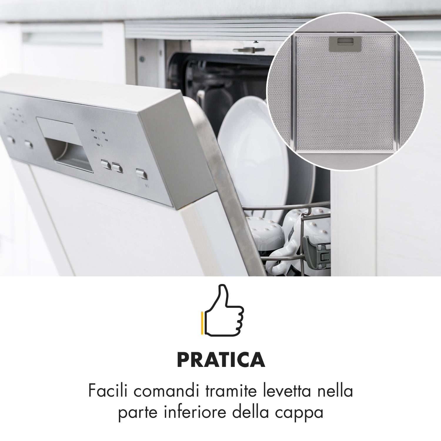 Galina 90 Cappa Aspirante Scarico 90cm 350m³/h LED Inox Vetro Acrilico 