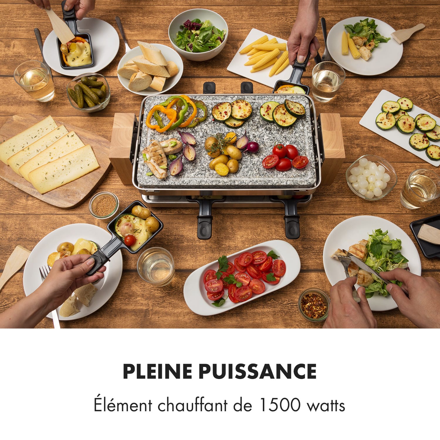 Prime-Rib Gril à raclette 8 pers. 1 500 W Plaque en pierre naturelle Acier inoxydable Pieds en bois 