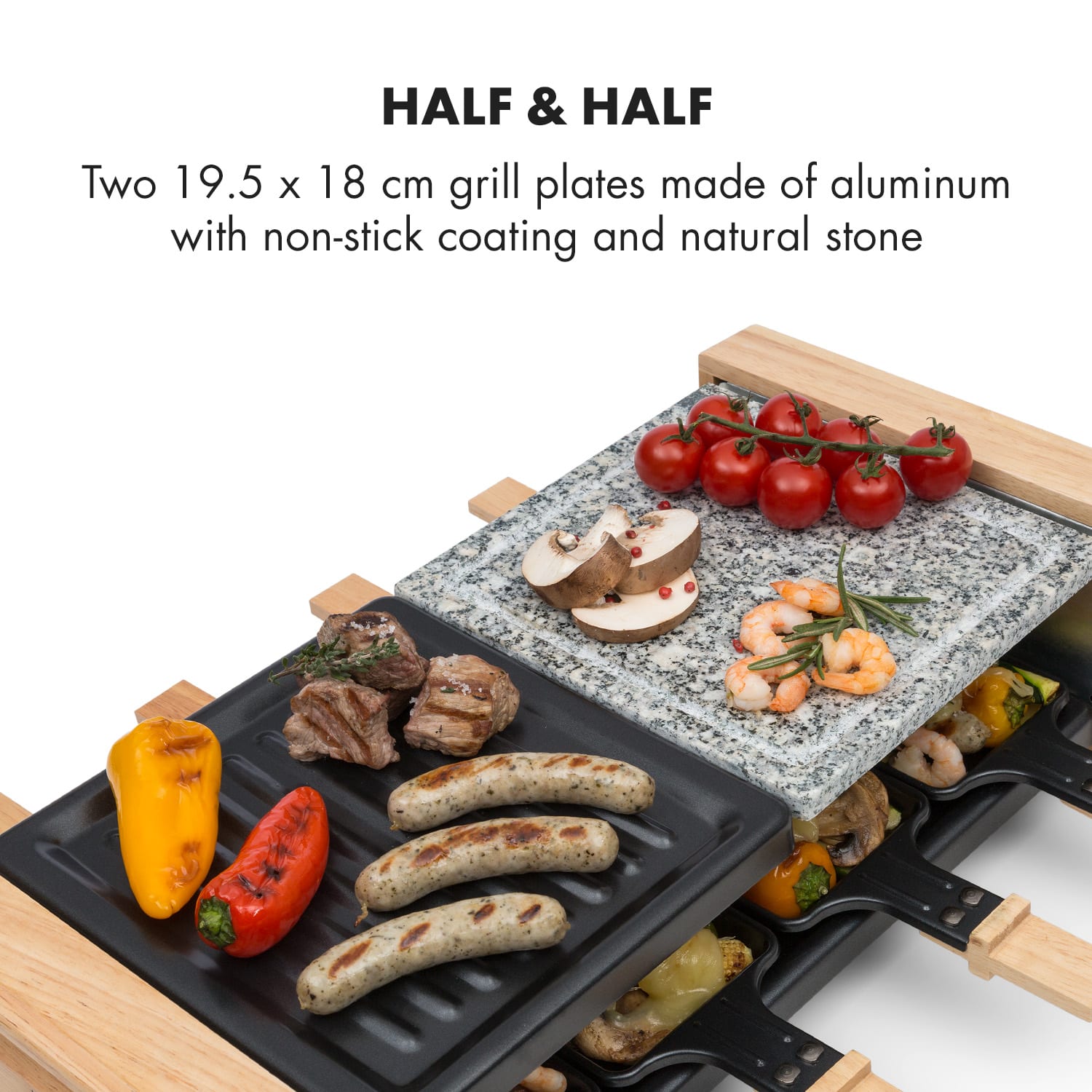 Chateaubriand Nuovo, raclette gril, 1200 W, pro osob, grilovací deska, hliník/kámen přírodní kámen/grilovací deska | 8 rakletovacích pánviček