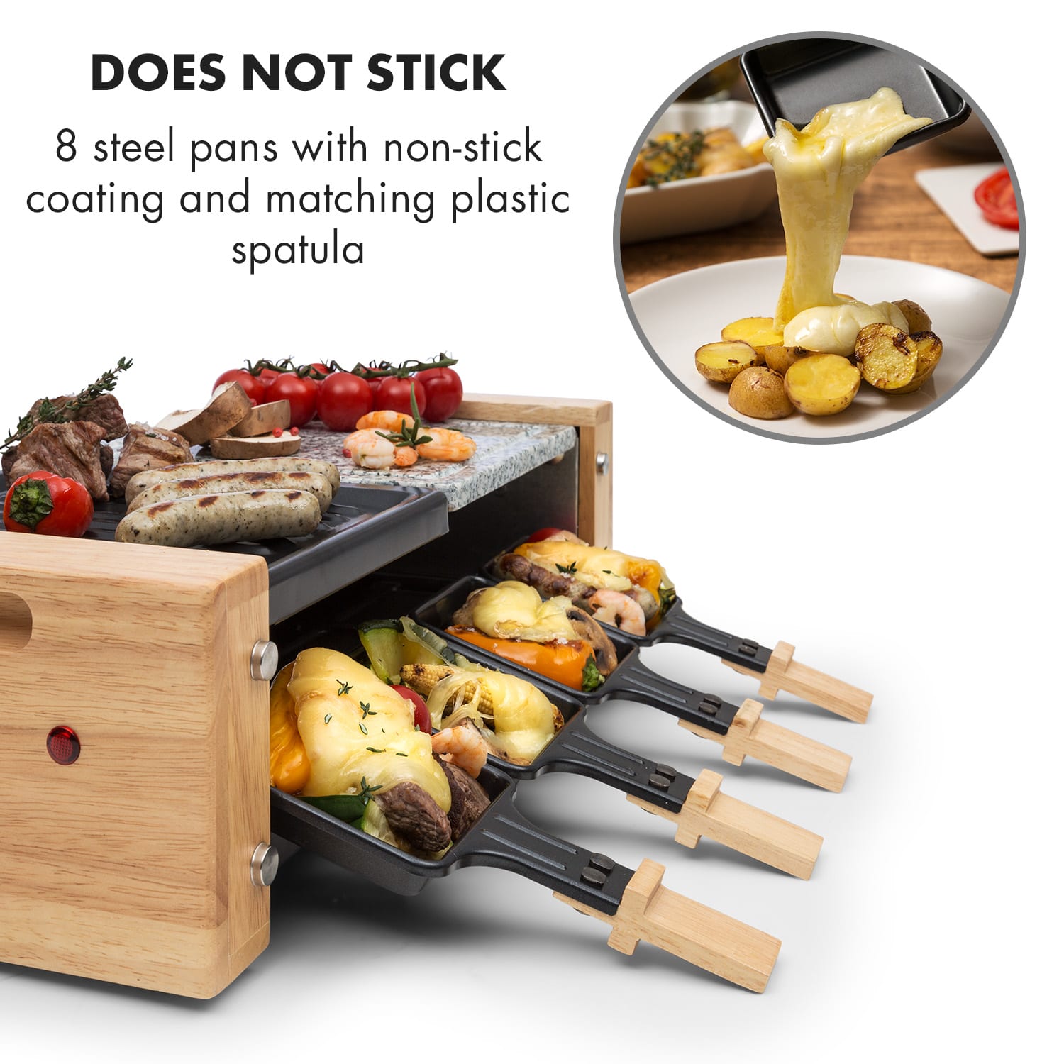 Chateaubriand Nuovo, raclette gril, 1200 W, pro osob, grilovací deska, hliník/kámen přírodní kámen/grilovací deska | 8 rakletovacích pánviček