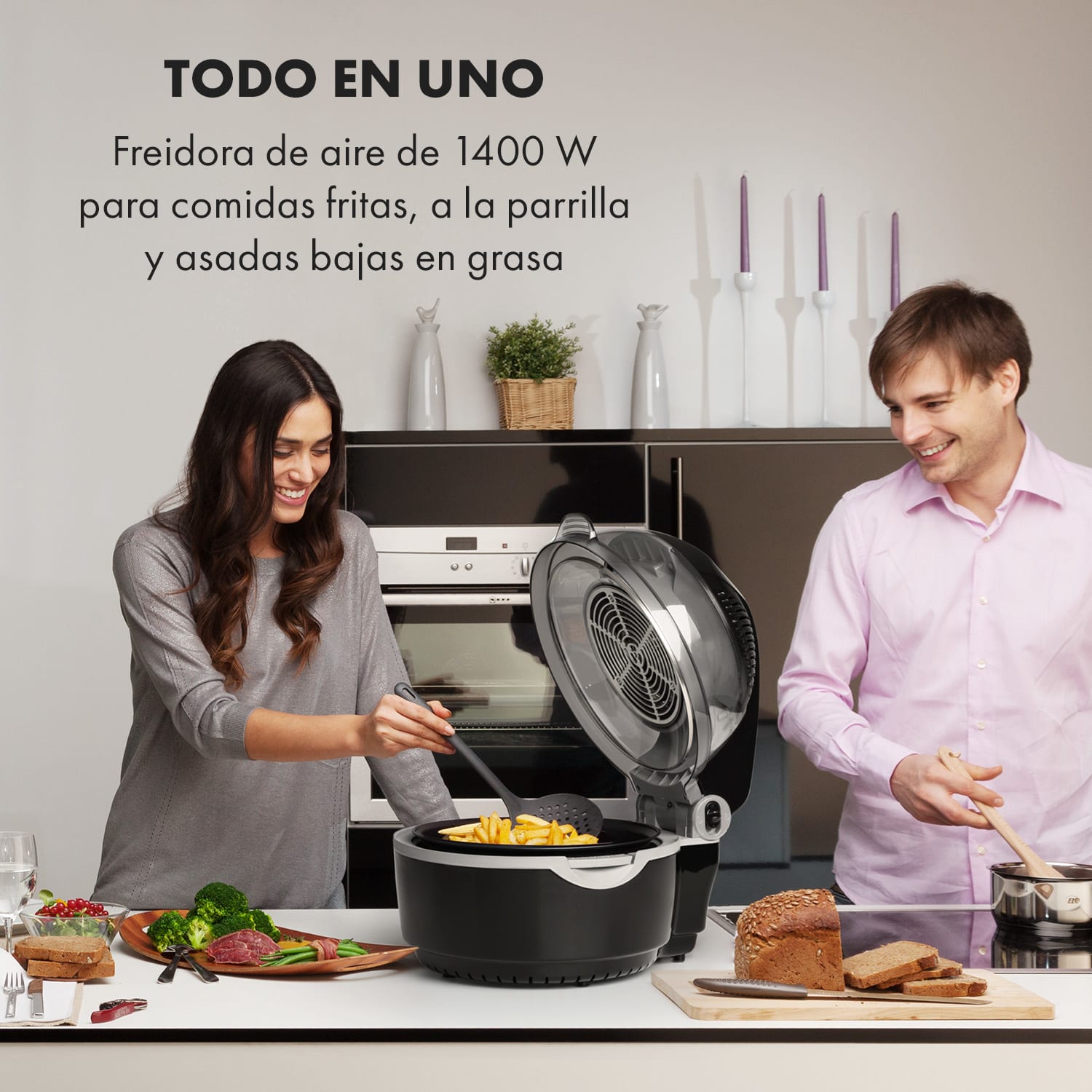 VitAir Turbo Smart Freidora sin aceite| Potencia: 1400 W | Hasta 250 °C | Rotación 360° | Capacidad: 10 litros | 20 programas | Revestimiento antiadherente CeraPlus | Pantalla LCD Negro