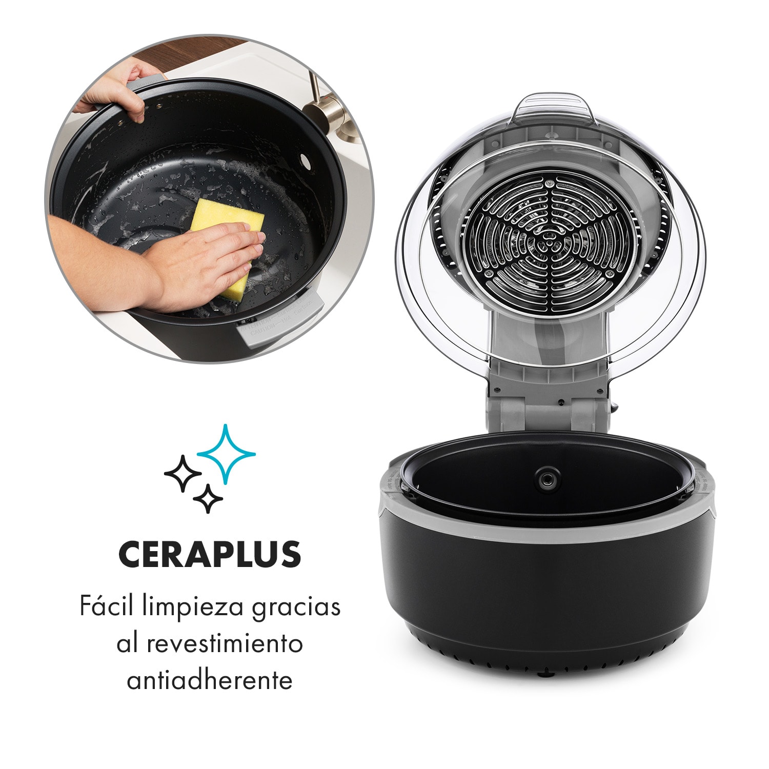 VitAir Turbo Smart Freidora sin aceite| Potencia: 1400 W | Hasta 250 °C | Rotación 360° | Capacidad: 10 litros | 20 programas | Revestimiento antiadherente CeraPlus | Pantalla LCD Negro