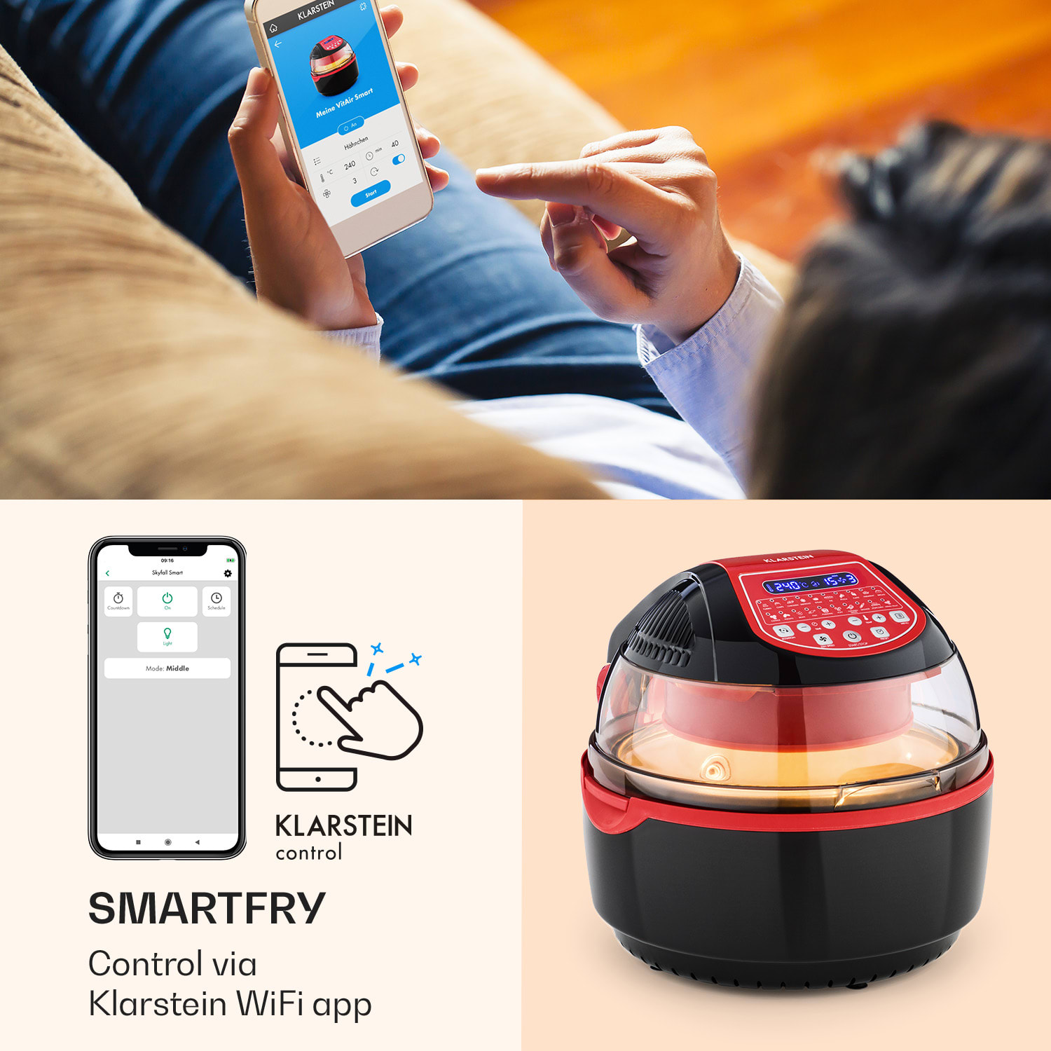 VitAir Turbo Smart frytownica na gorące powietrze 1400 W 10 l 20 programów czerwona Czerwony