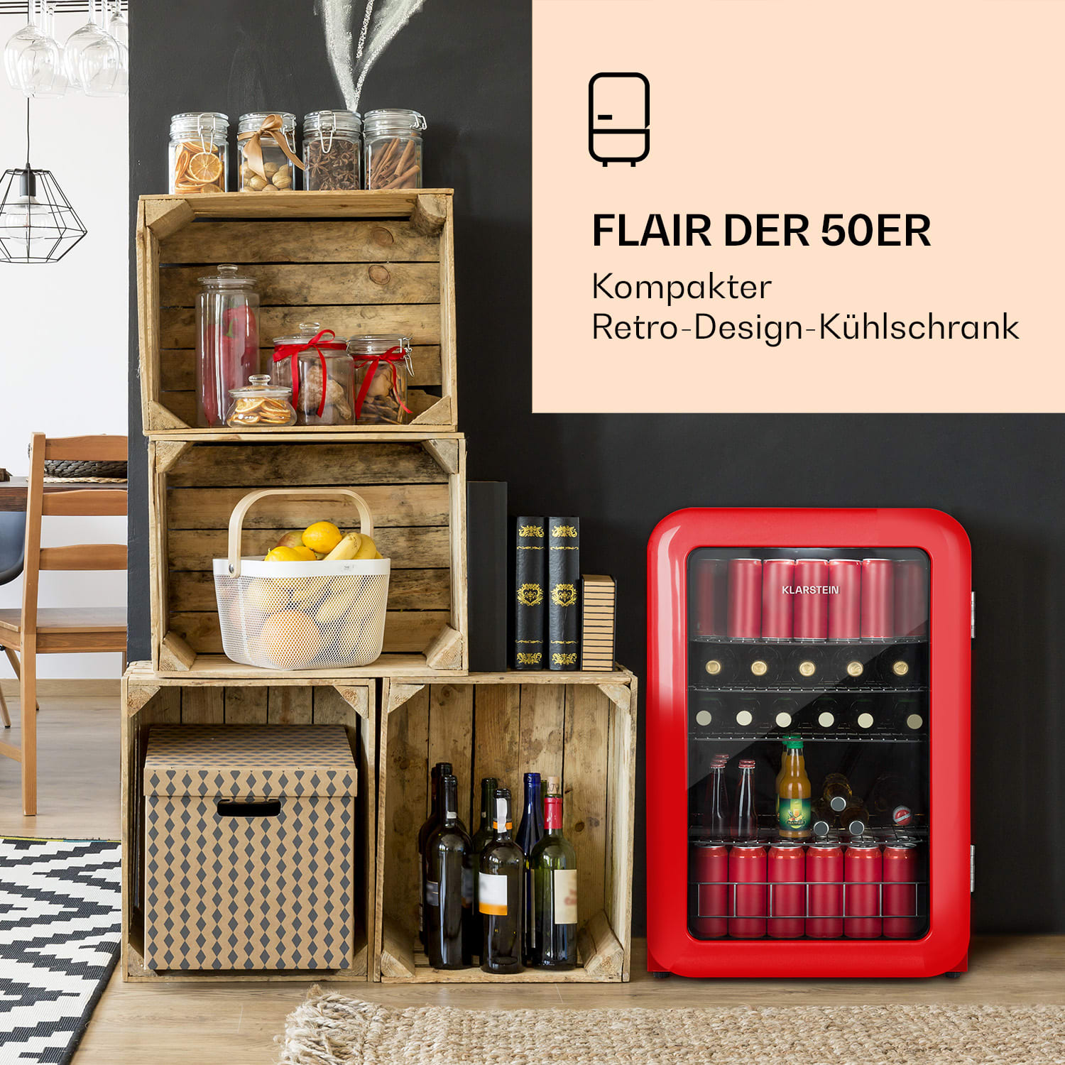 PopLife Getränkekühler Kühlschrank 0-10°C Retro-Design 115 Ltr | Rot