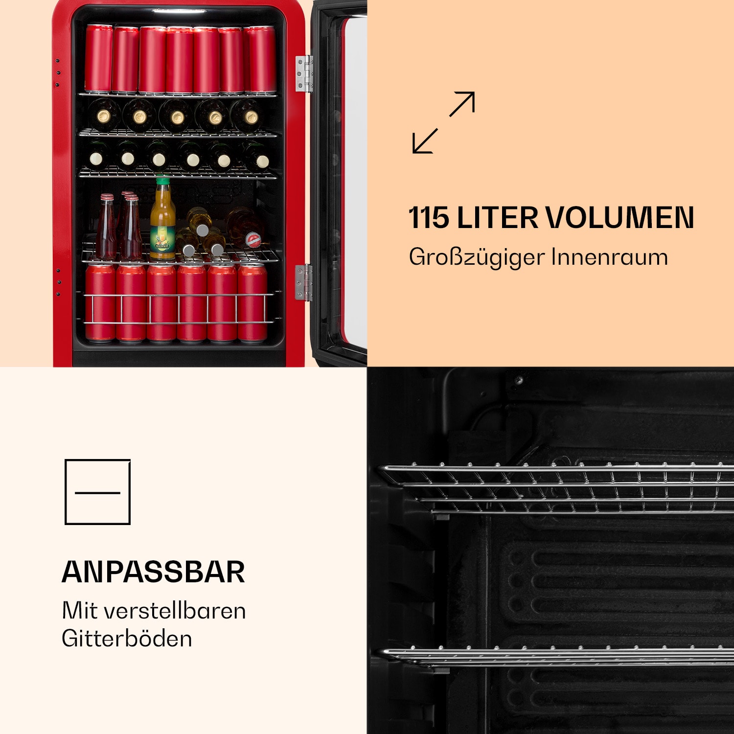 PopLife Getränkekühler Kühlschrank 0-10°C Retro-Design 115 Ltr | Rot