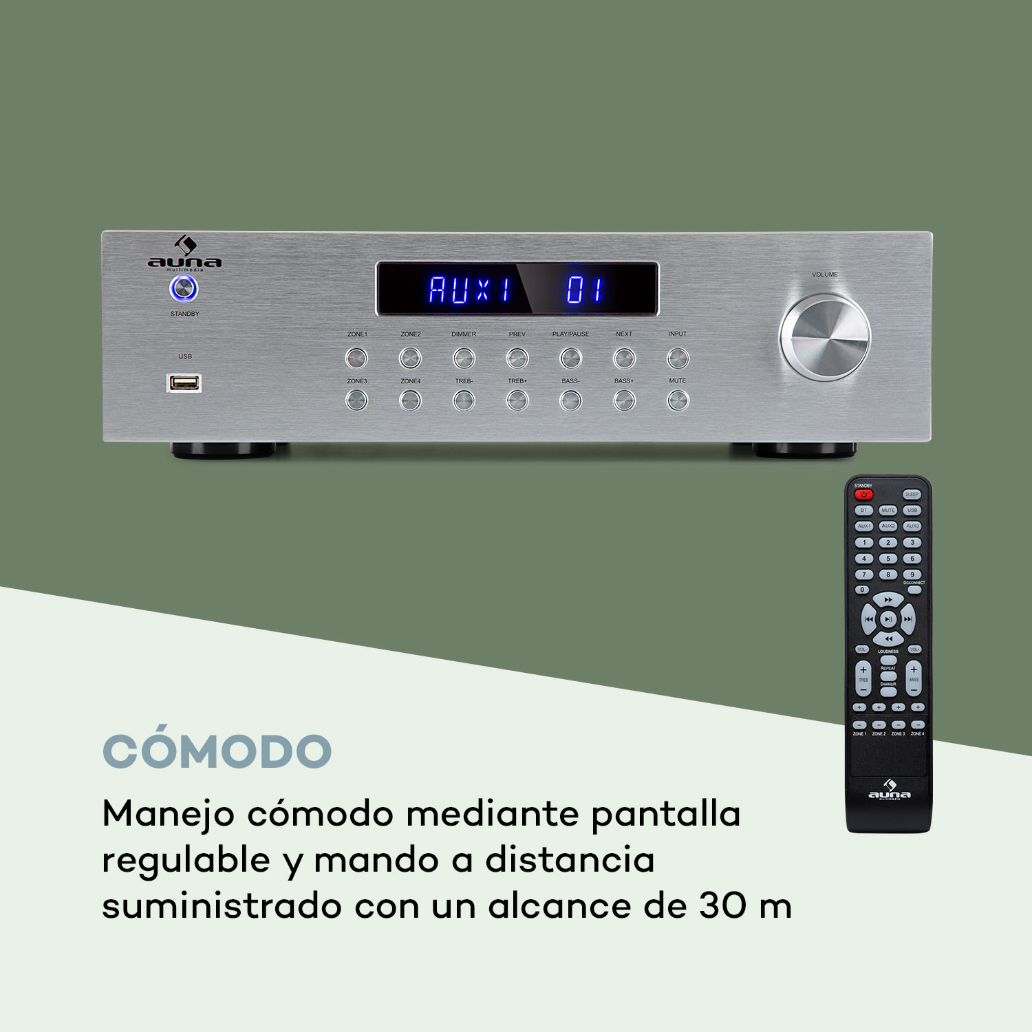 AV2-CD850BT Amplificador estéreo de 4 zonas 5x80W RMS Bluetooth USB Plateado Plata Metálica