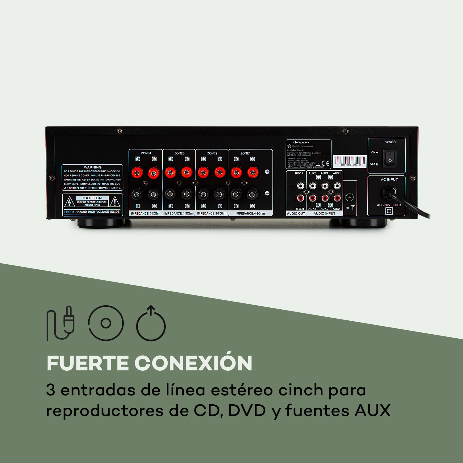 AV2-CD850BT Amplificador estéreo de 4 zonas 5x80W RMS Bluetooth USB Plateado Plata Metálica