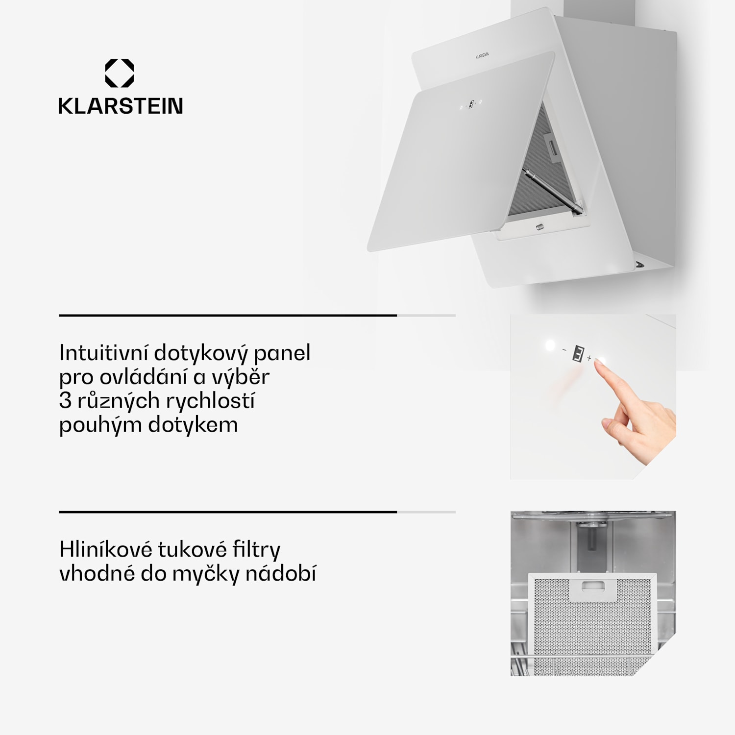 Aurica 60, digestoř, 60 cm, nástěnná, 610 m³/h, LED, dotykové ovládání, sklo, bílá 60 cm | bez náhradního filtru | Bílá