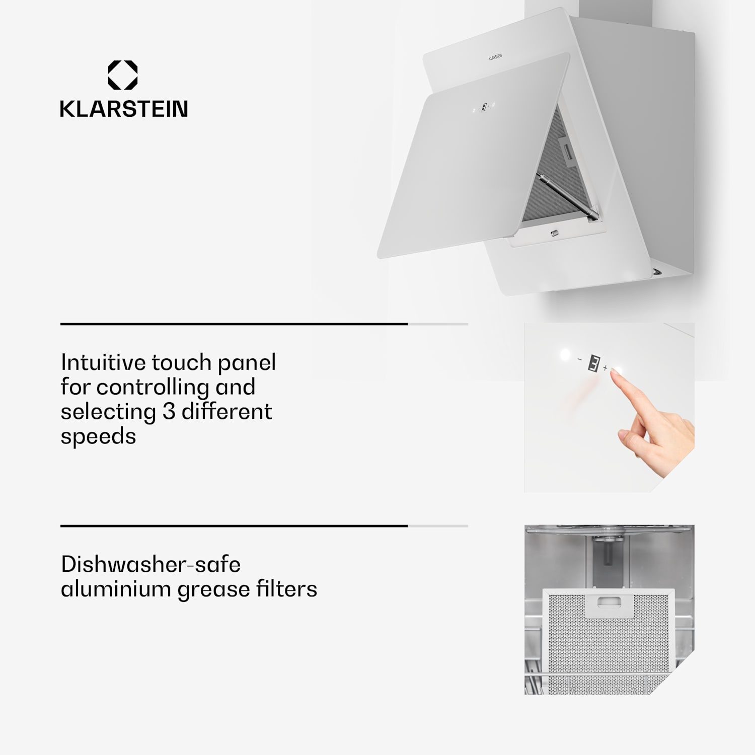 Klarstein Aurica 60 afzuigkap 60 cm 600 m³/h led touch glas wit 60 cm | Zonder reservefilter | Wit