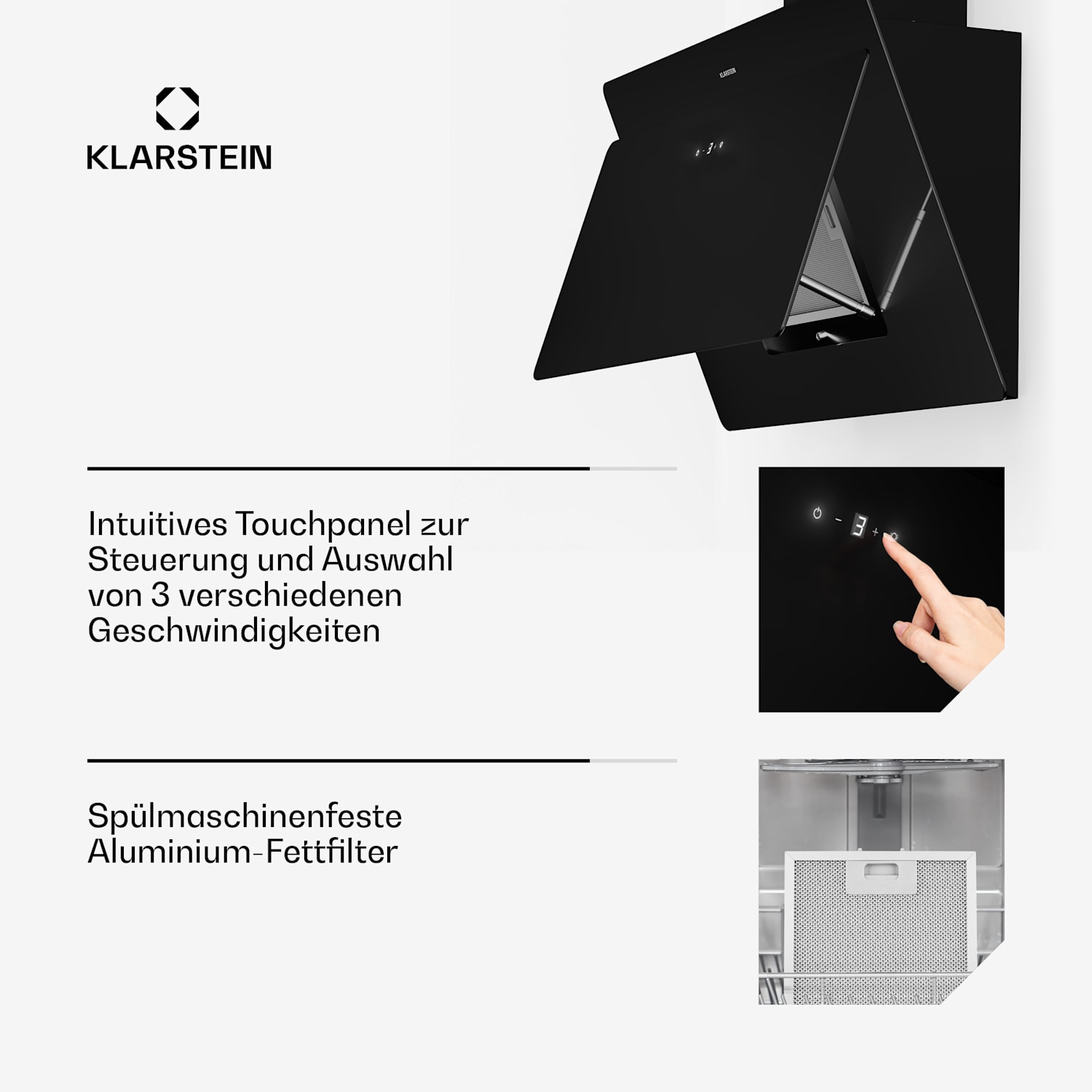 Aurica 90 Dunstabzugshaube, 90 cm, Wandanbau, 165 W, schwarz 90 cm | Ohne Ersatz-Filter | Schwarz