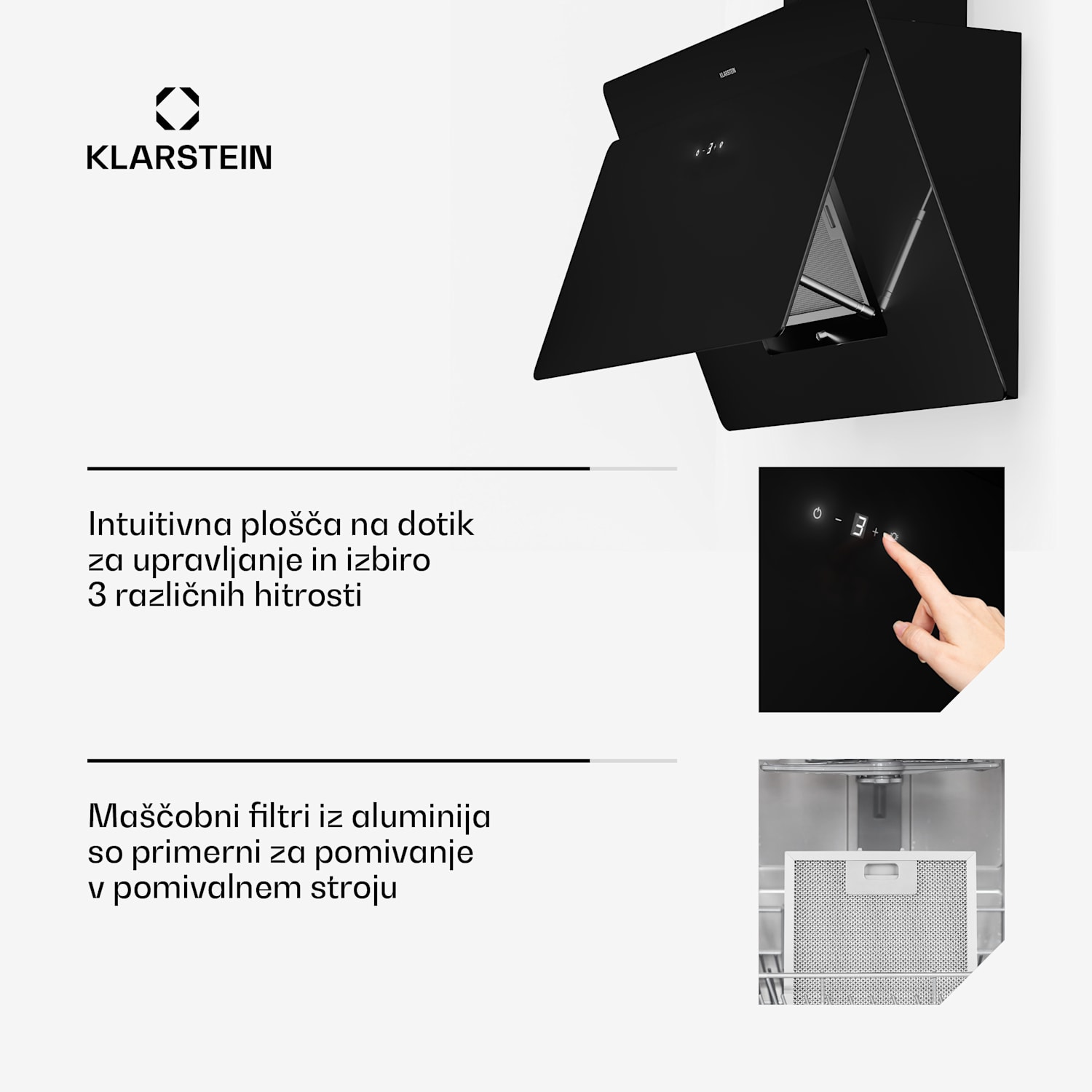 Aurica 90, kuhinjska napa, 90 cm, 165 W, stenska montaža, črna 90 cm | no_replacement_filter | Črna