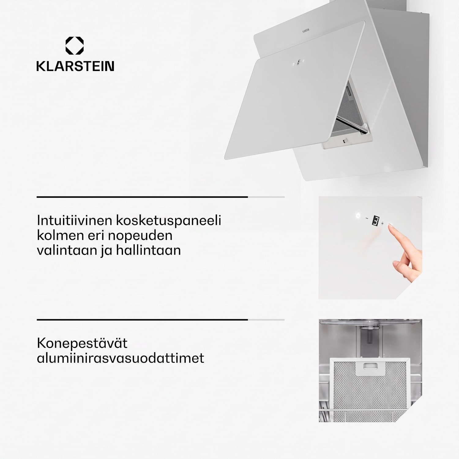 Aurica 90 liesituuletin 90 cm 607 m³/h LED kosketus lasi valkoinen 90 cm | Valkoinen