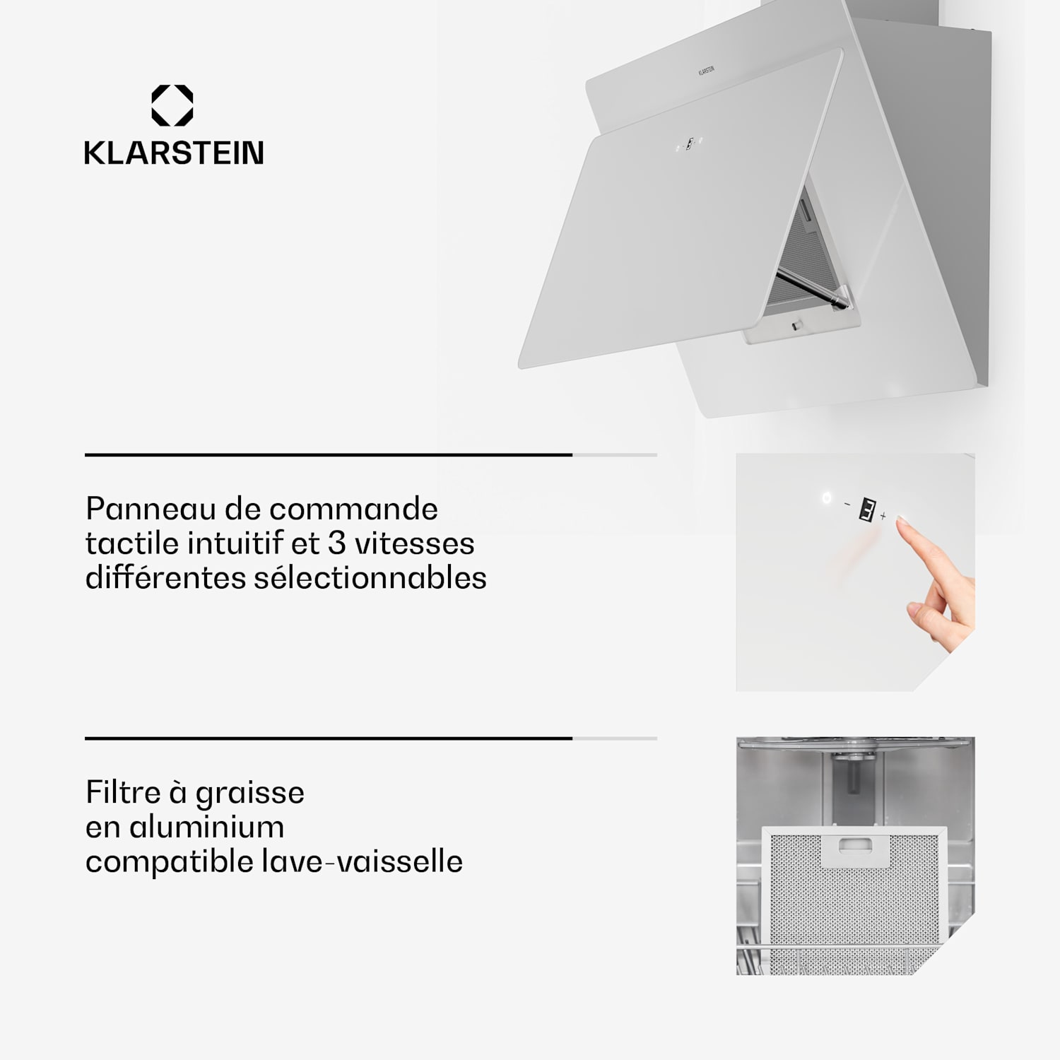 Aurica 90 Hotte aspirante 90cm 600 m³/h LED Touch Glass blanc 90 cm | Sans filtre de rechange | Blanc