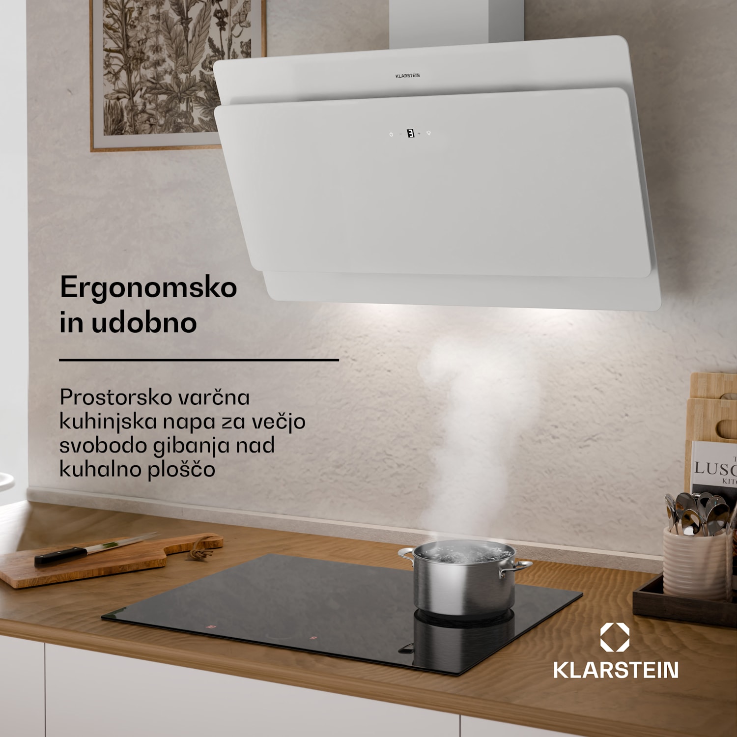 Aurica 90, kuhinjska napa, 90 cm, 610 m³/h, LED, na dotik, steklo, bel barva 90 cm | no_replacement_filter | Bela