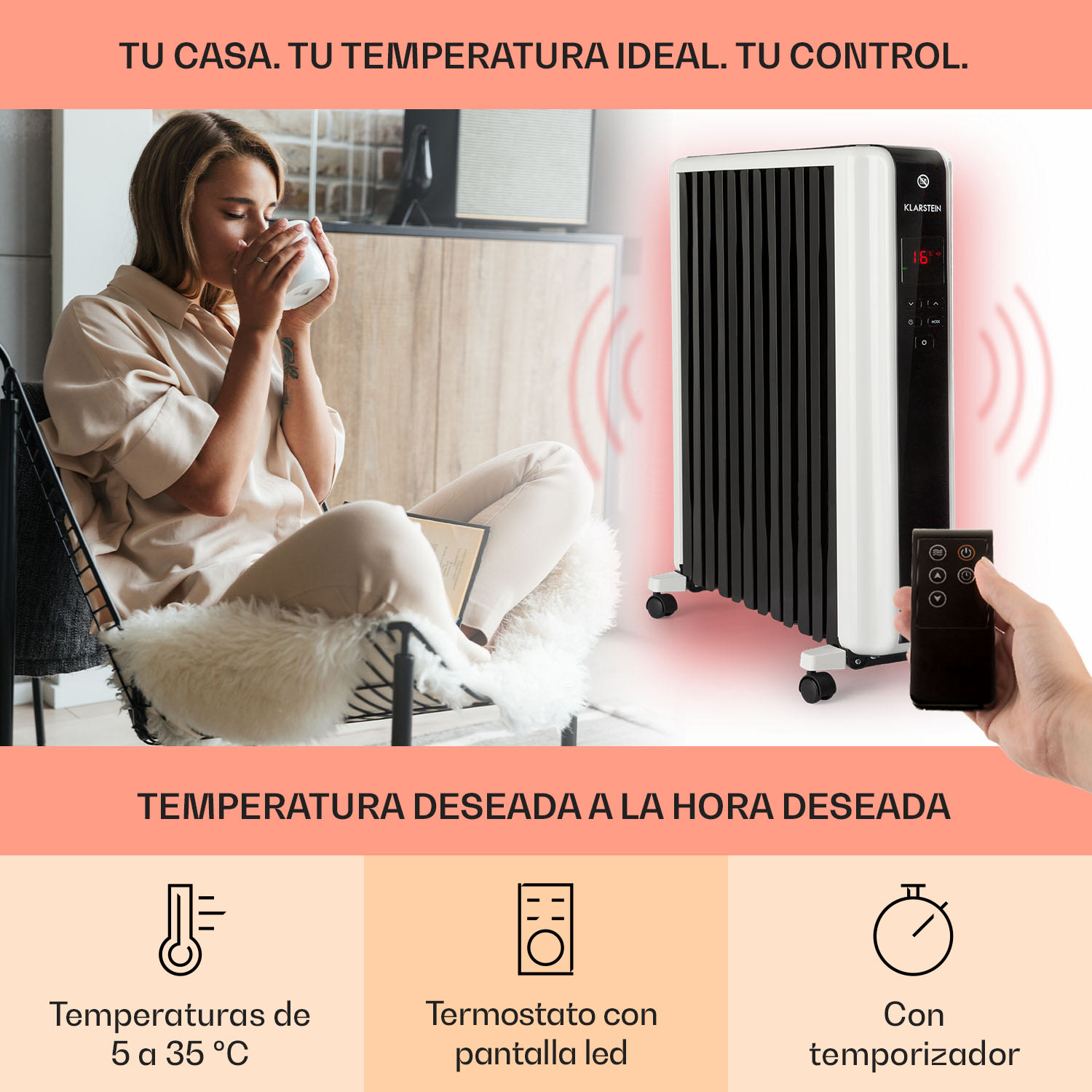 Thermaxx 2500 Radiador de aceite 2500W 5-35° C Temporizador de 24h Blanco/negro 2500 W