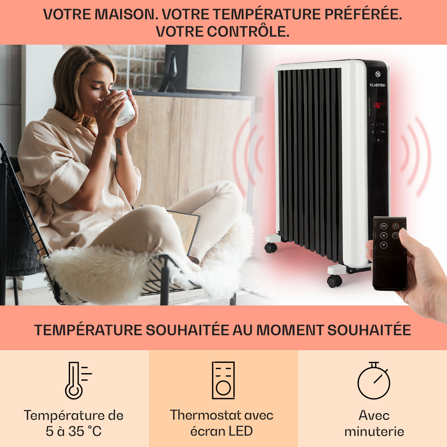 Thermaxx 2500 Radiateur à bain d'huile 2500W 5-35°C - noir & blanc 