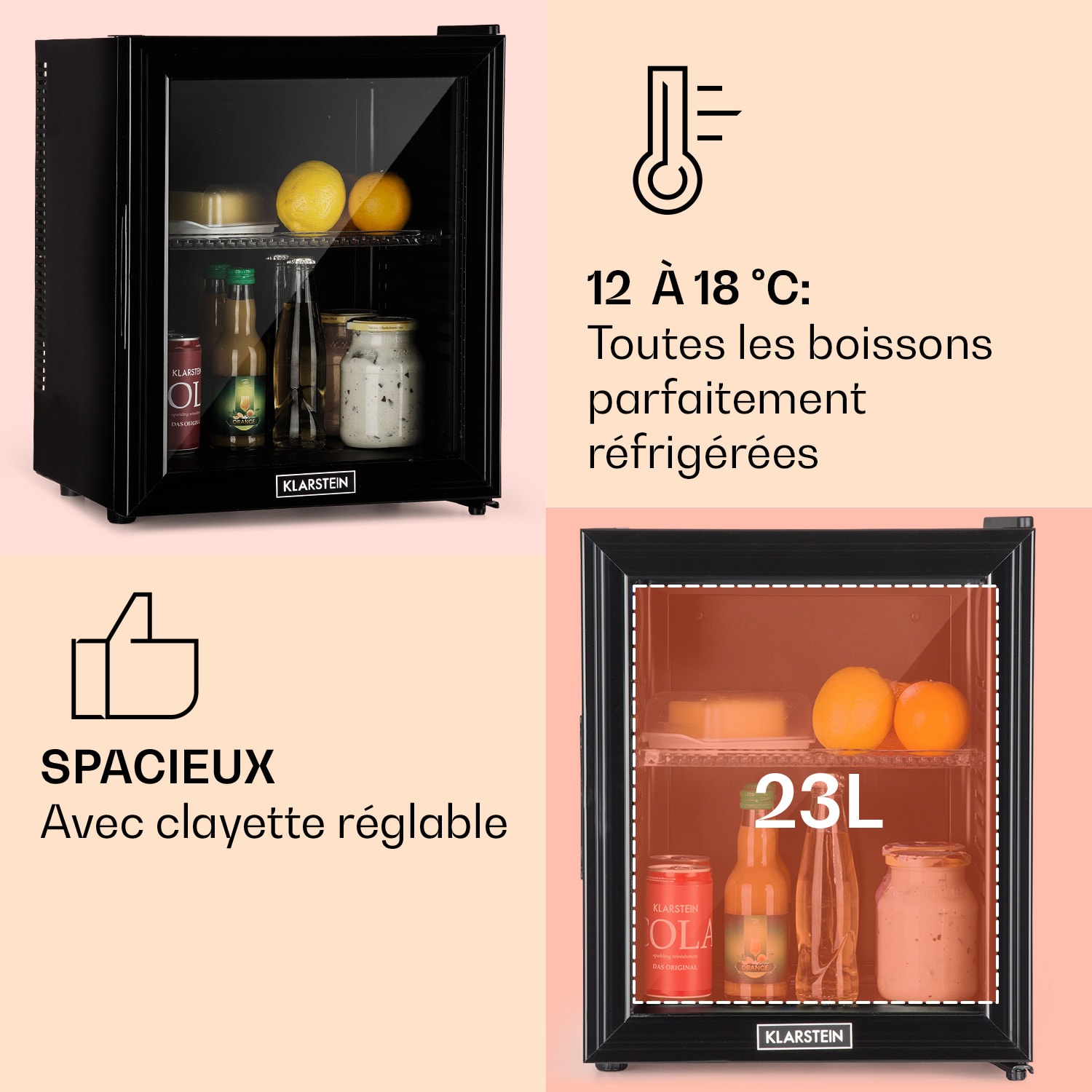 Brooklyn 24 Mini-réfrigérateur porte vitrée compartiments LED 24 L | Noir