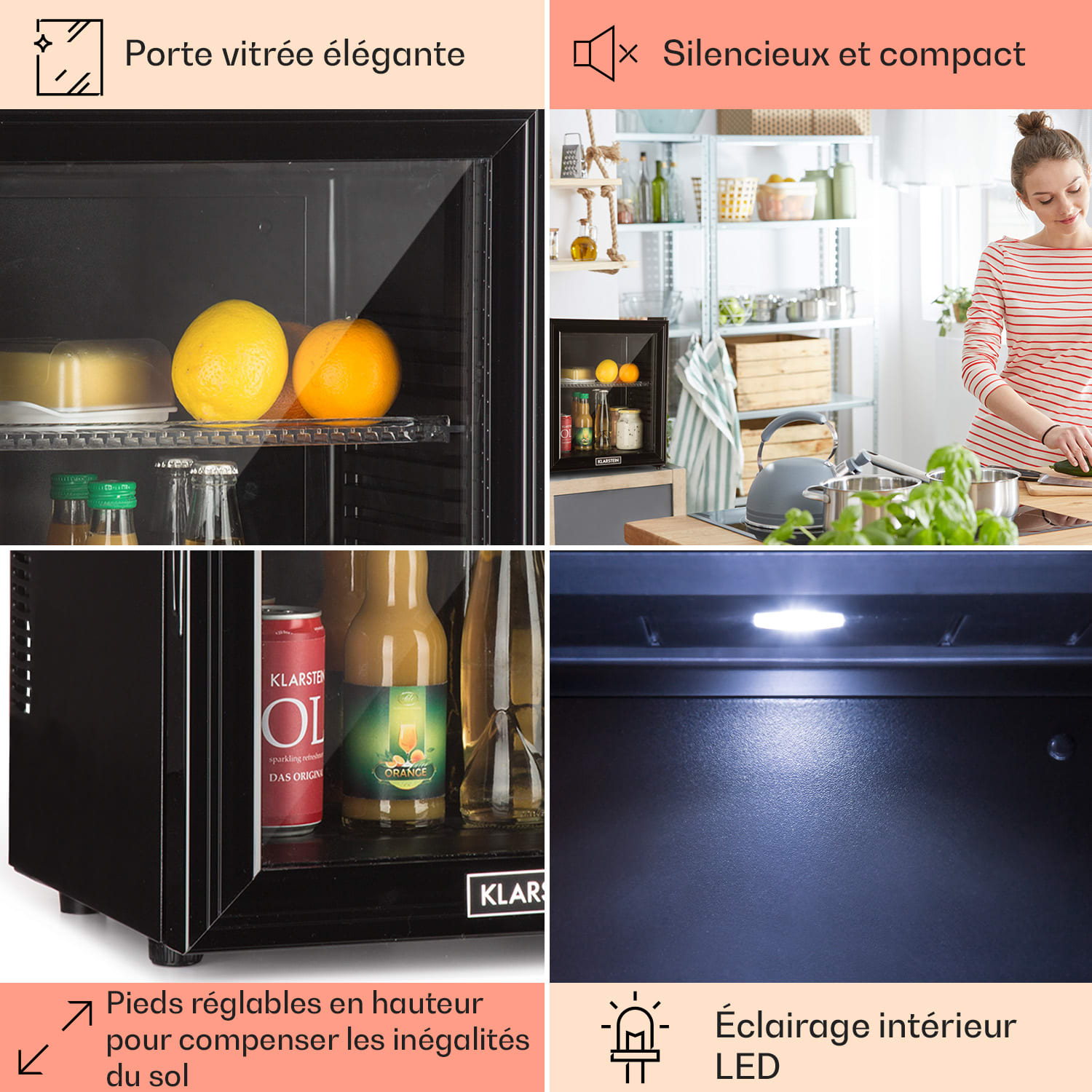 Brooklyn 24 Mini-réfrigérateur porte vitrée compartiments LED 24 L | Noir