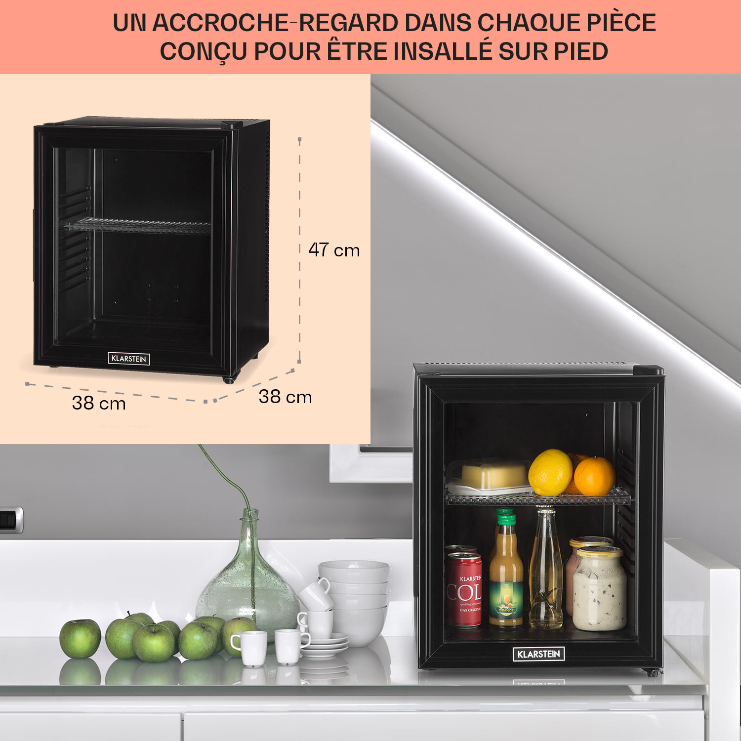 Brooklyn 24 Mini-réfrigérateur porte vitrée compartiments LED 24 L | Noir