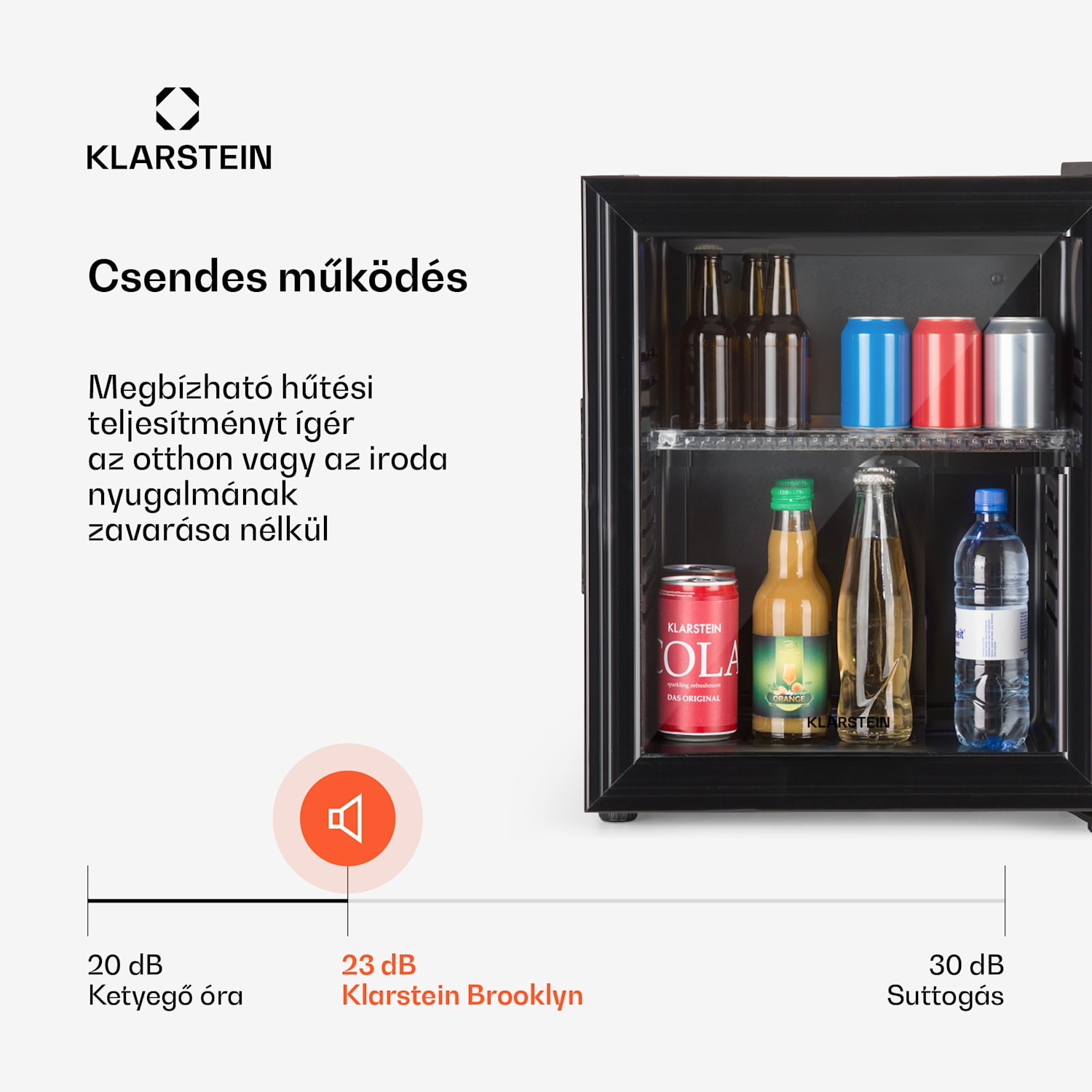 Brooklyn 24, mini hűtőszekrény, üvegajtó, LED világítás, polcok 23 L | Fekete | Fekete