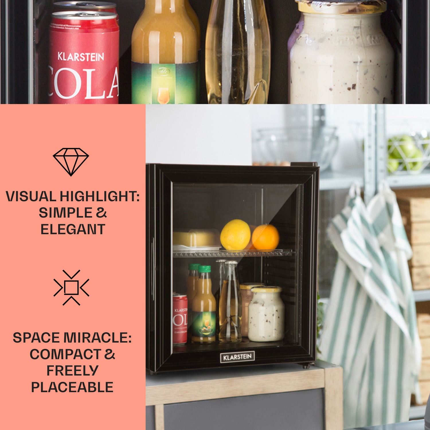 Brooklyn 24, mini chladnička, sklenené dvierka, LED osvetlenie, police 24 litrov | Čierna