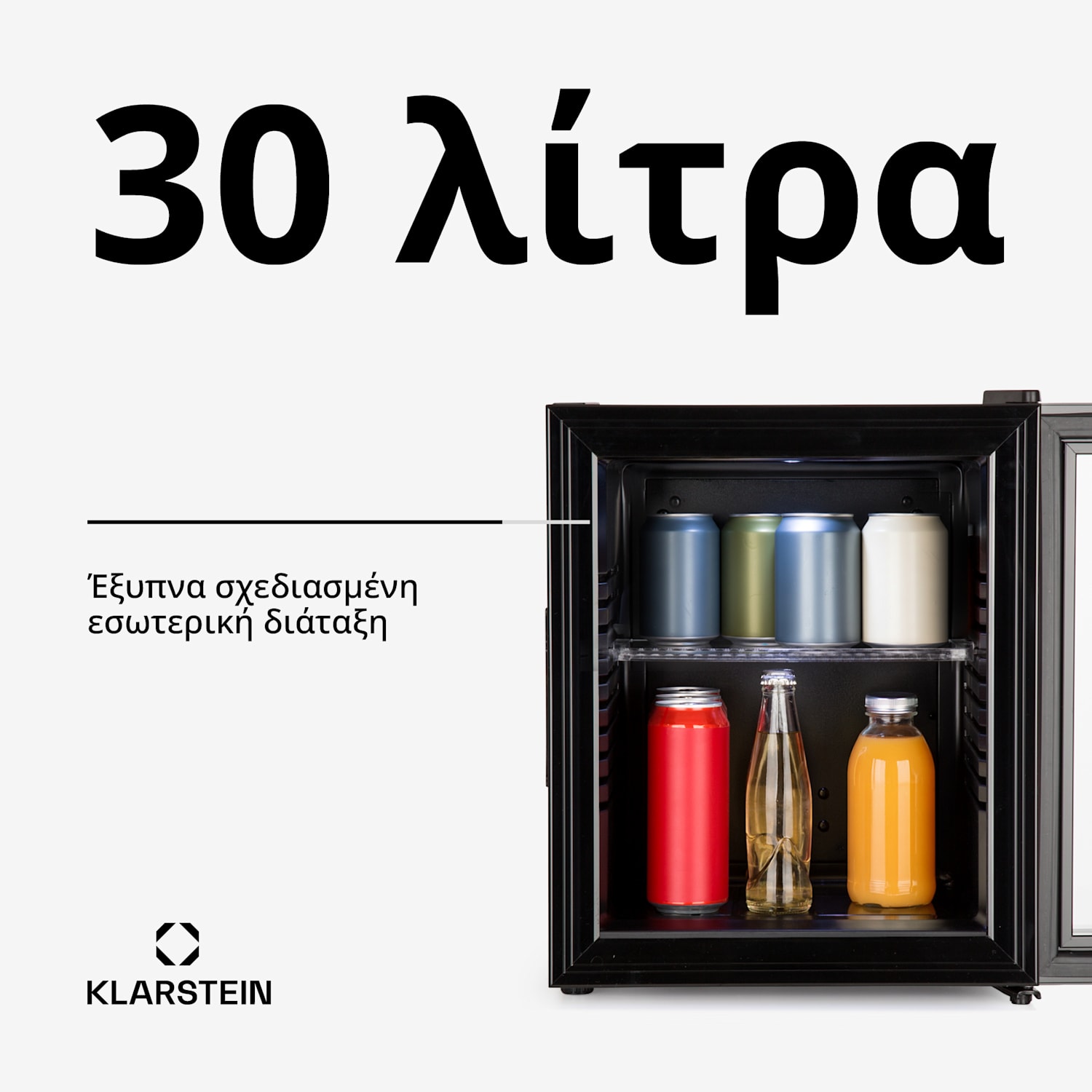 Brooklyn 30, μίνι ψυγείο, με γυάλινη πόρτα, φωτισμό LED, ράφια 30 L | Μαύρο | Μαύρο