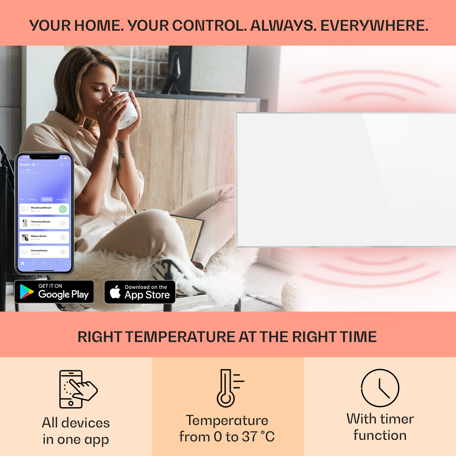 Aquecedor de infravermelhos Wonderwall Smart 60x120cm Controlo por App 720W Temporizador semanal IP24 60 x 120 cm | 720 W | Sim | Branco