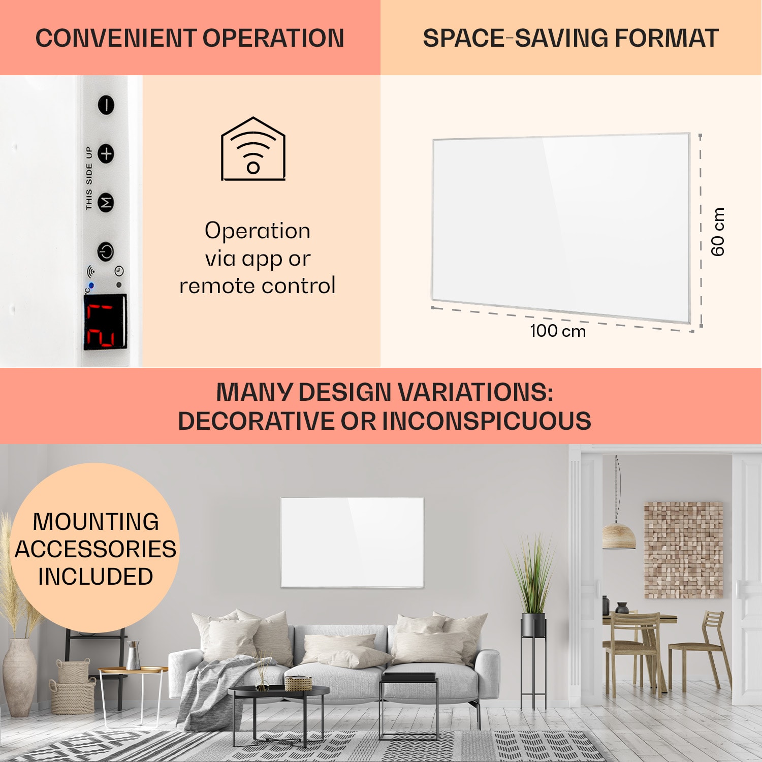 Aquecedor de infravermelhos Wonderwall Smart 60x100cm Controlo por App 600W Temporizador semanal IP24 100 x 60 cm | 600 W | Sim