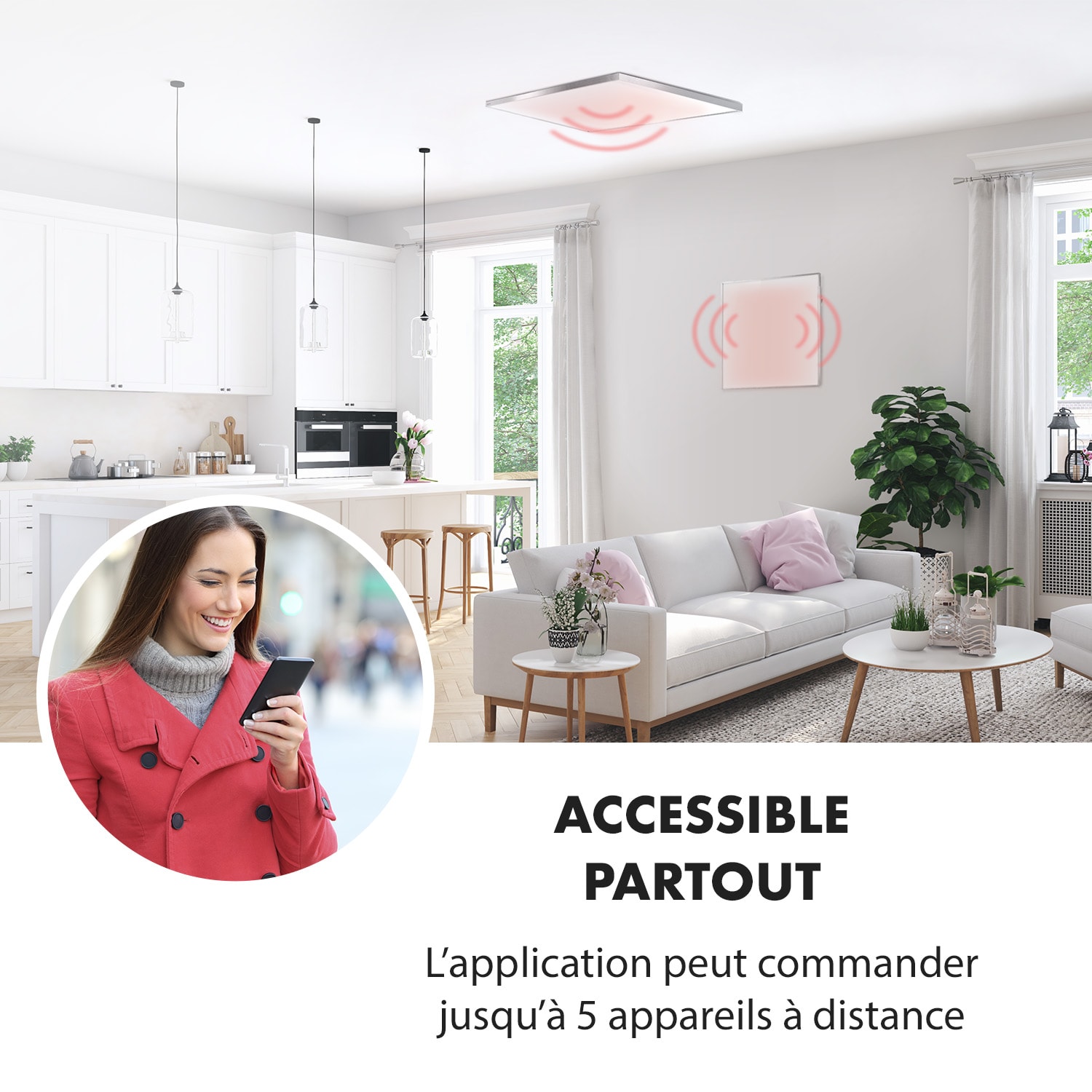 Wonderwall Smart radiateur infrarouge 60 x 60 cm contrôle par application 360 W Minuteur hebdomadaire IP24 