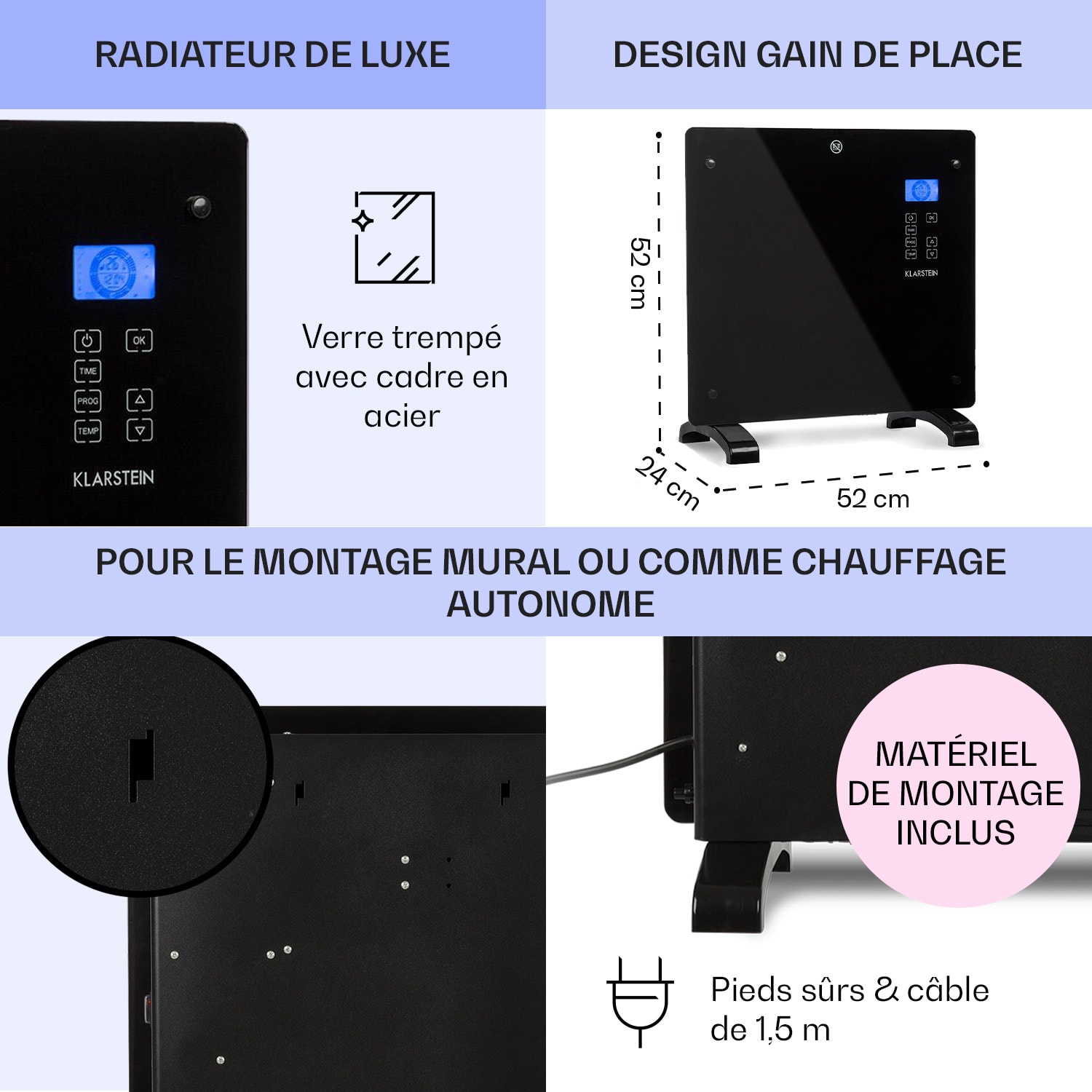 Norderney Chauffage à convection thermostat minuterie 1000W 20 m² noir 