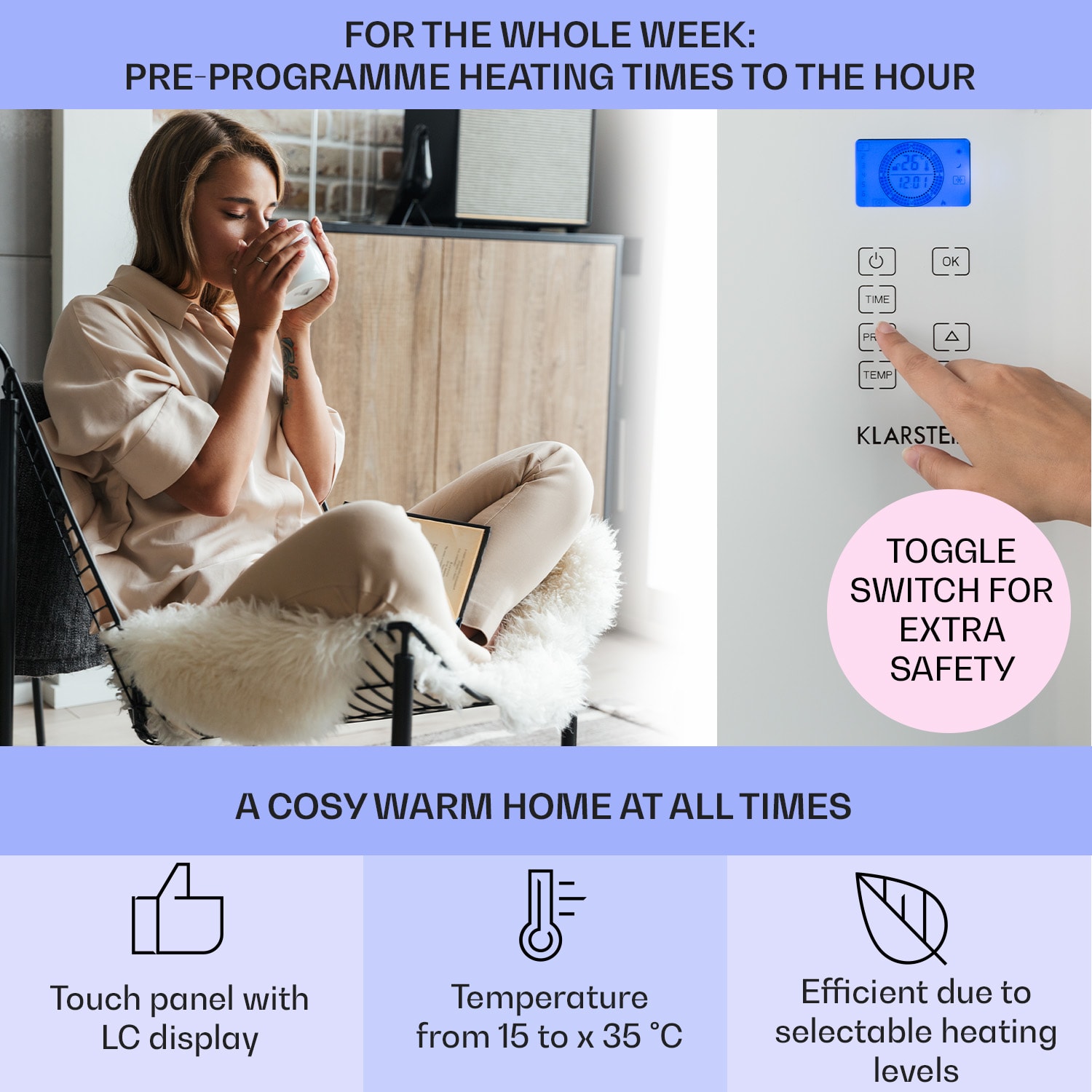 Norderney, încălzitor convențional, termostat, temporizator, 1000 W, 20 m², alb 1000 W | Alb