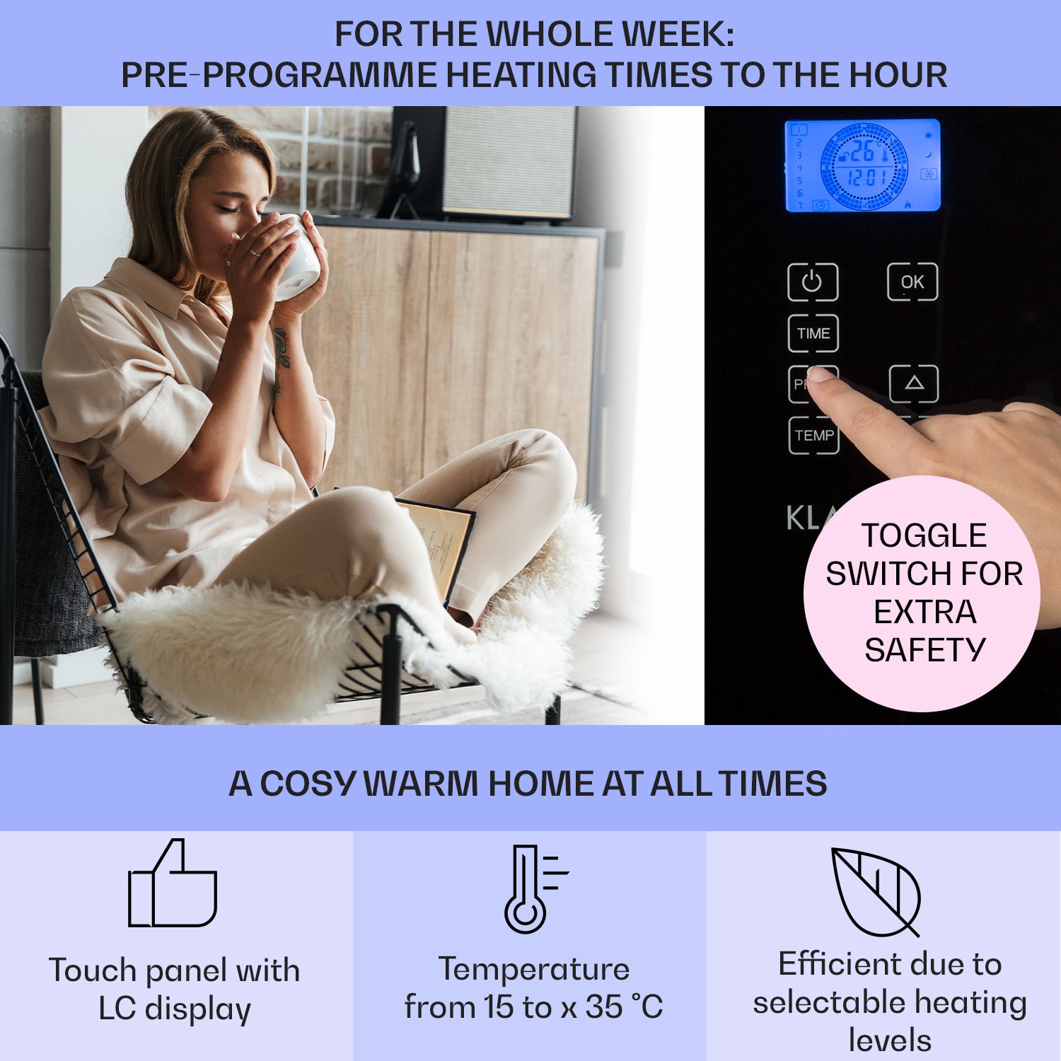 Norderney, konvektor, 2000 W termosztát, időzítő, 30 m², fekete 2000 W | Fekete