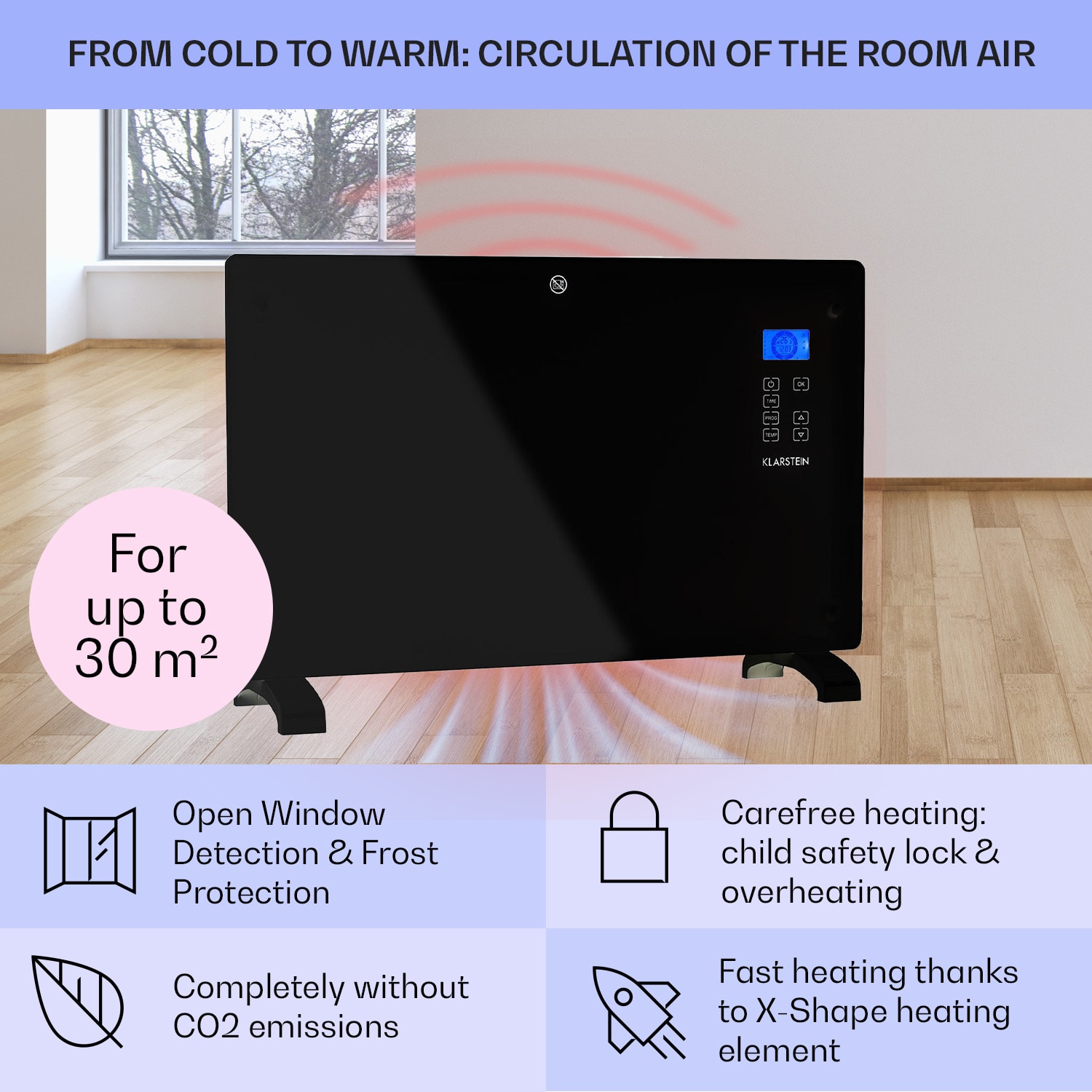 Norderney, konvektor, 2000 W termosztát, időzítő, 30 m², fekete 2000 W | Fekete