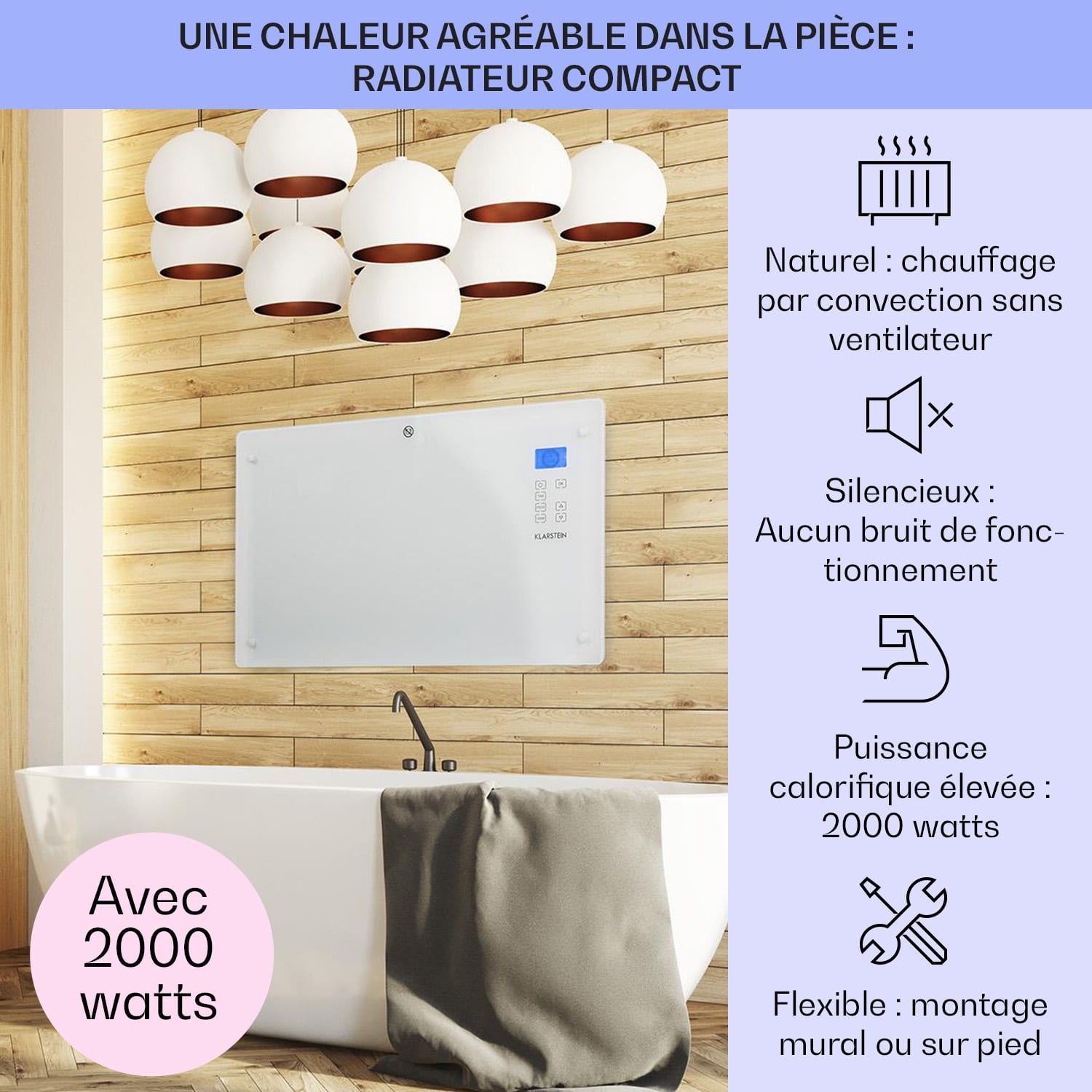 Norderney Chauffage à convection thermostat minuterie 2000W LCD blanc 